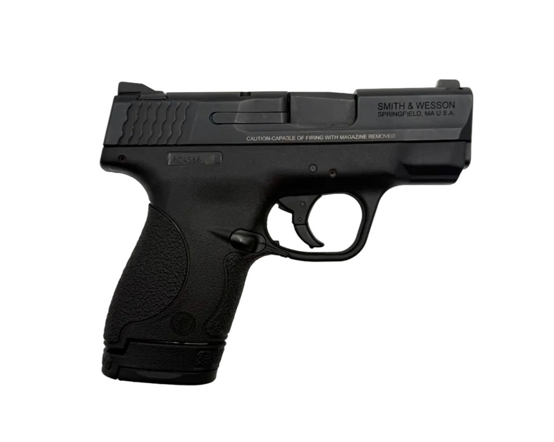 Smith & Wesson M&P 40 Shield semi-auto pistol with black finish, compact design, and textured grip, displayed from a side angle.