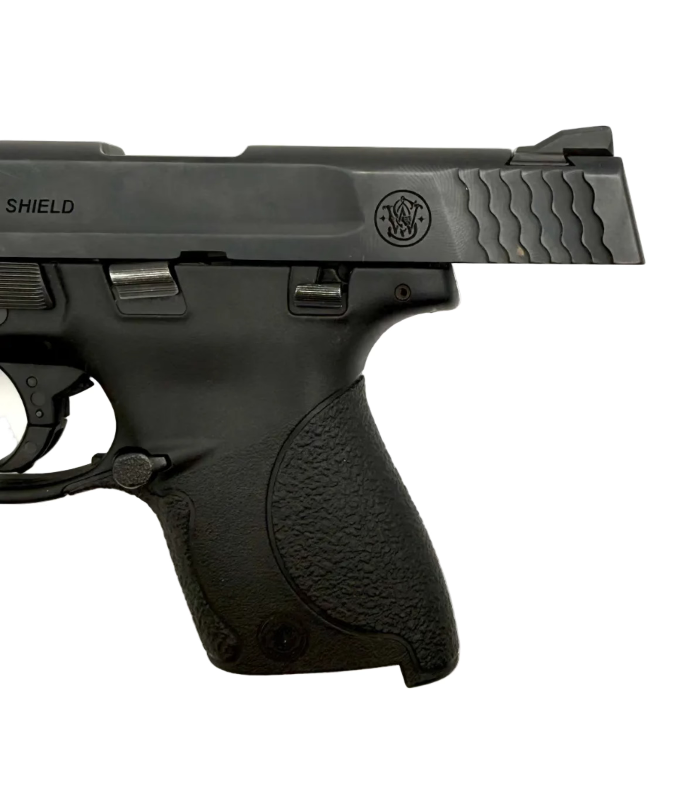 Smith & Wesson M&P 40 Shield semi-auto pistol with black polymer grip and stainless steel slide, shown from side view.