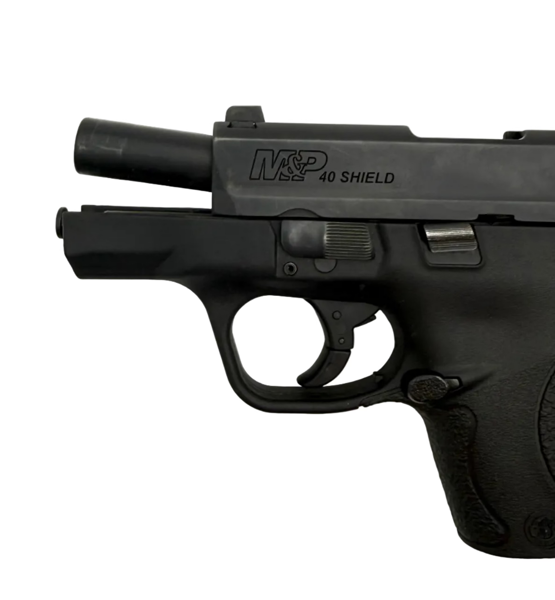 Smith & Wesson M&P 40 Shield semi-auto pistol with black polymer frame and steel slide, shown from side angle.