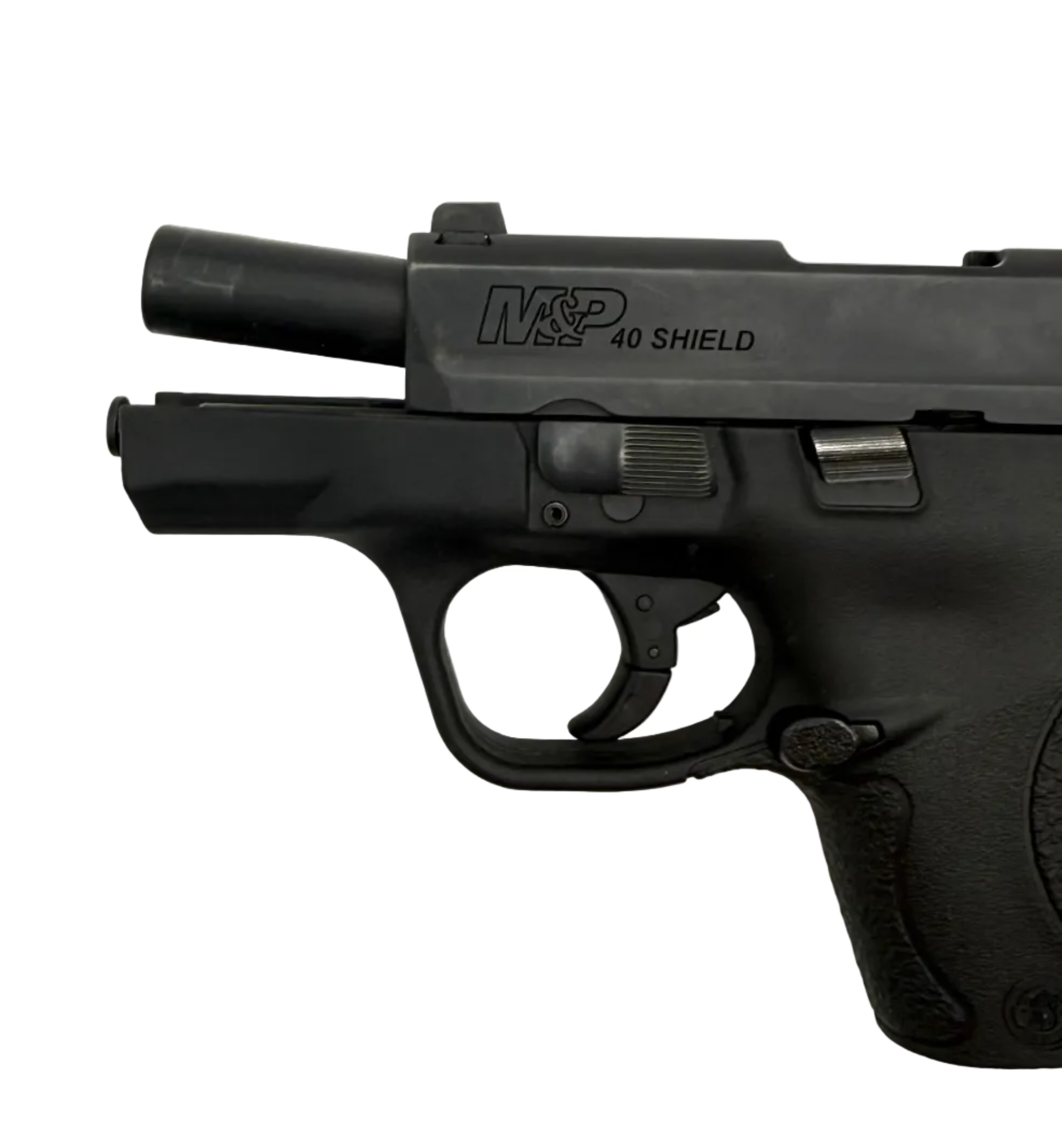 Smith & Wesson M&P 40 Shield semi-auto pistol with black polymer frame and steel slide, shown from side angle.