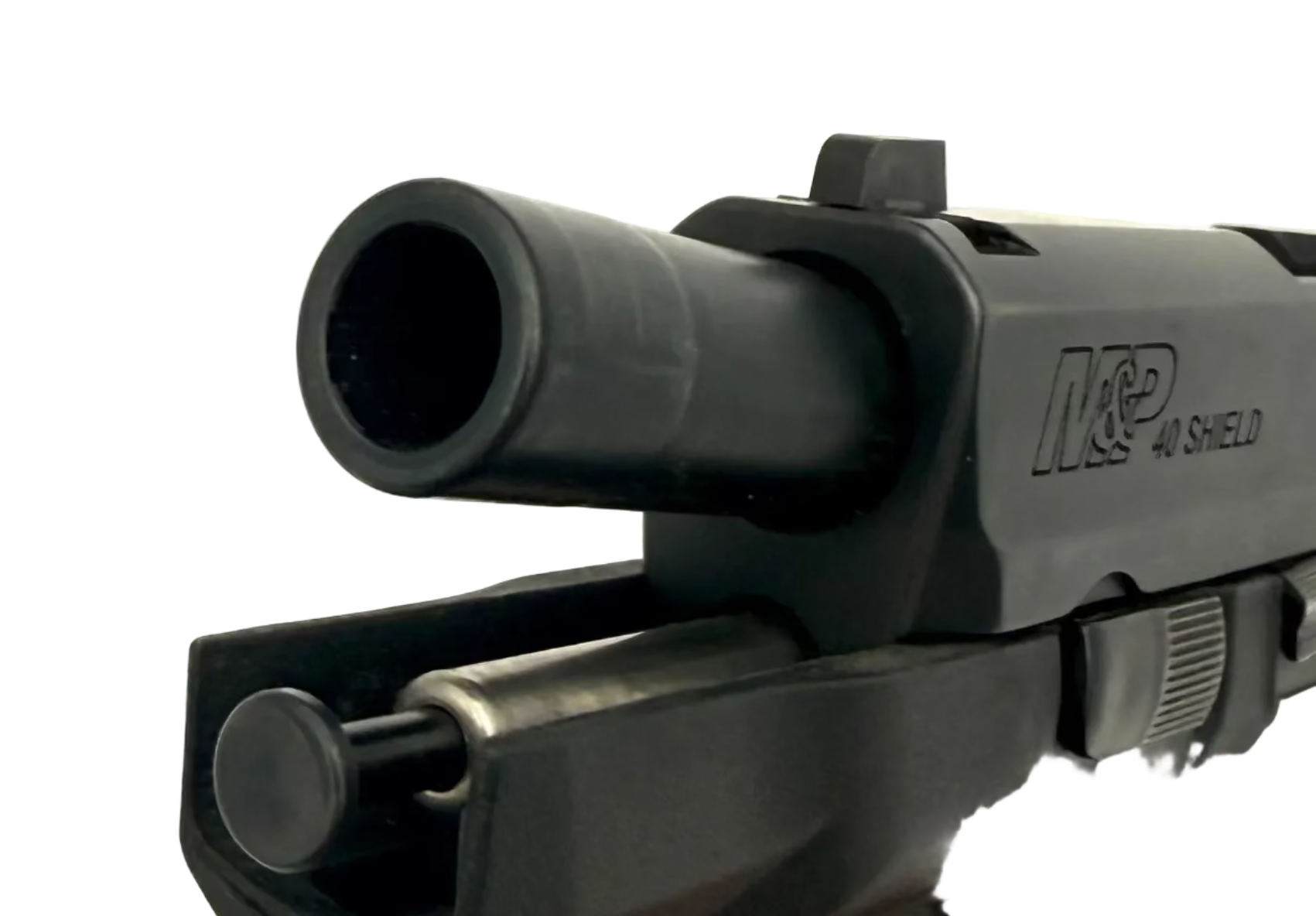 Smith & Wesson M&P 40 Shield semi-auto pistol with black polymer grip and stainless slide, shown from side view.