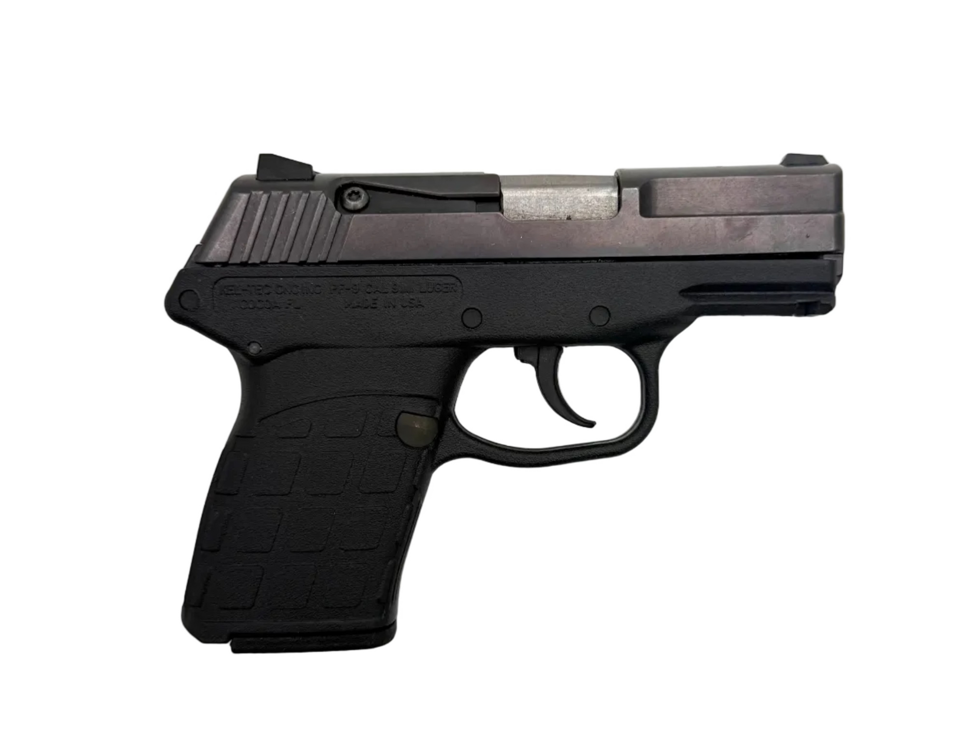 KelTec PF9 9mm semi-automatic pistol with black polymer grip and metal slide, shown from a side angle.