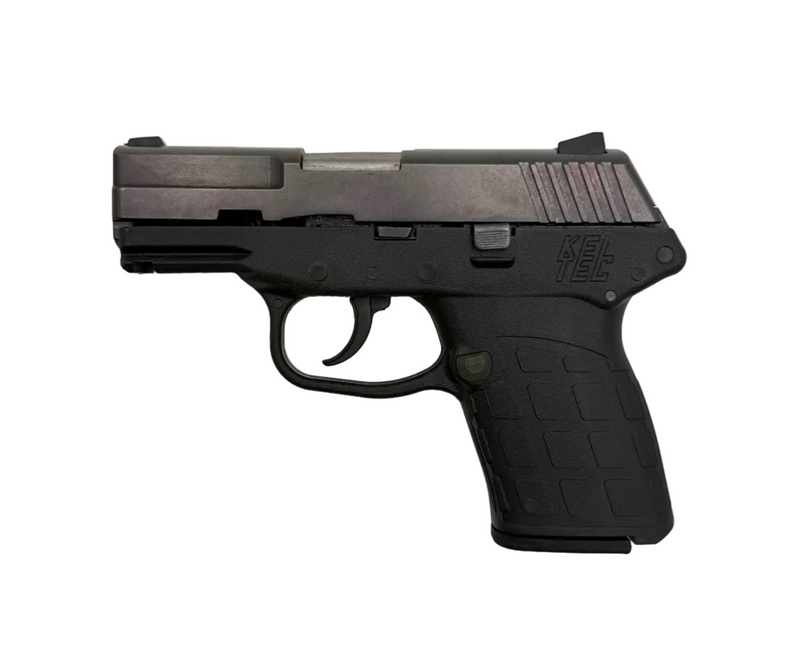 KelTec PF9 9mm semi-auto pistol shown in a close-up, featuring black polymer grip and metal slide.