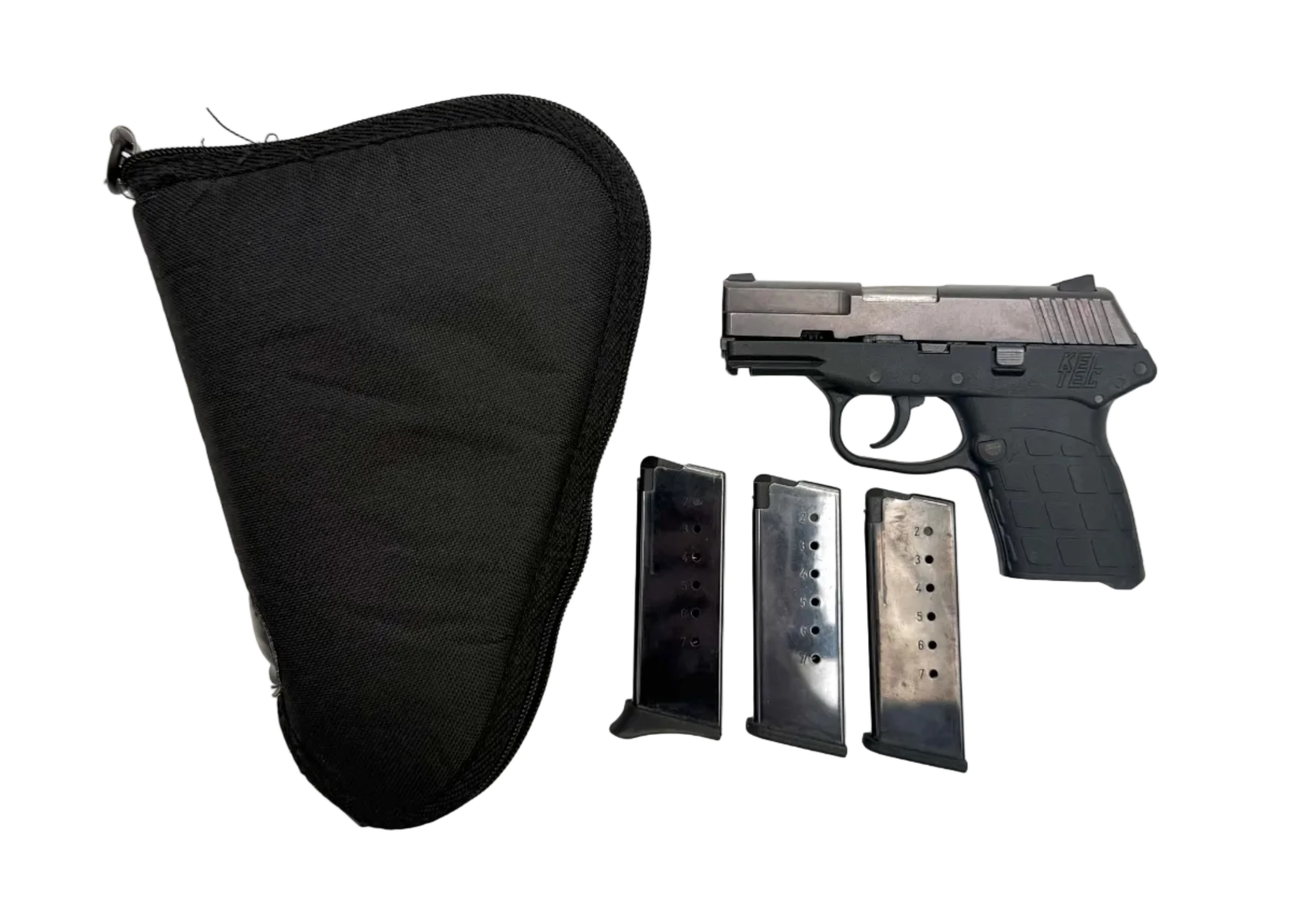 KelTec PF9 9mm semi-auto pistol with black polymer frame and metal slide, shown from a side angle.