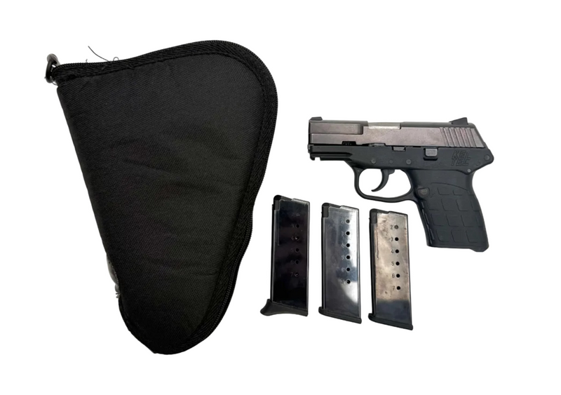 KelTec PF9 9mm semi-auto pistol with black polymer frame and metal slide, shown from a side angle.