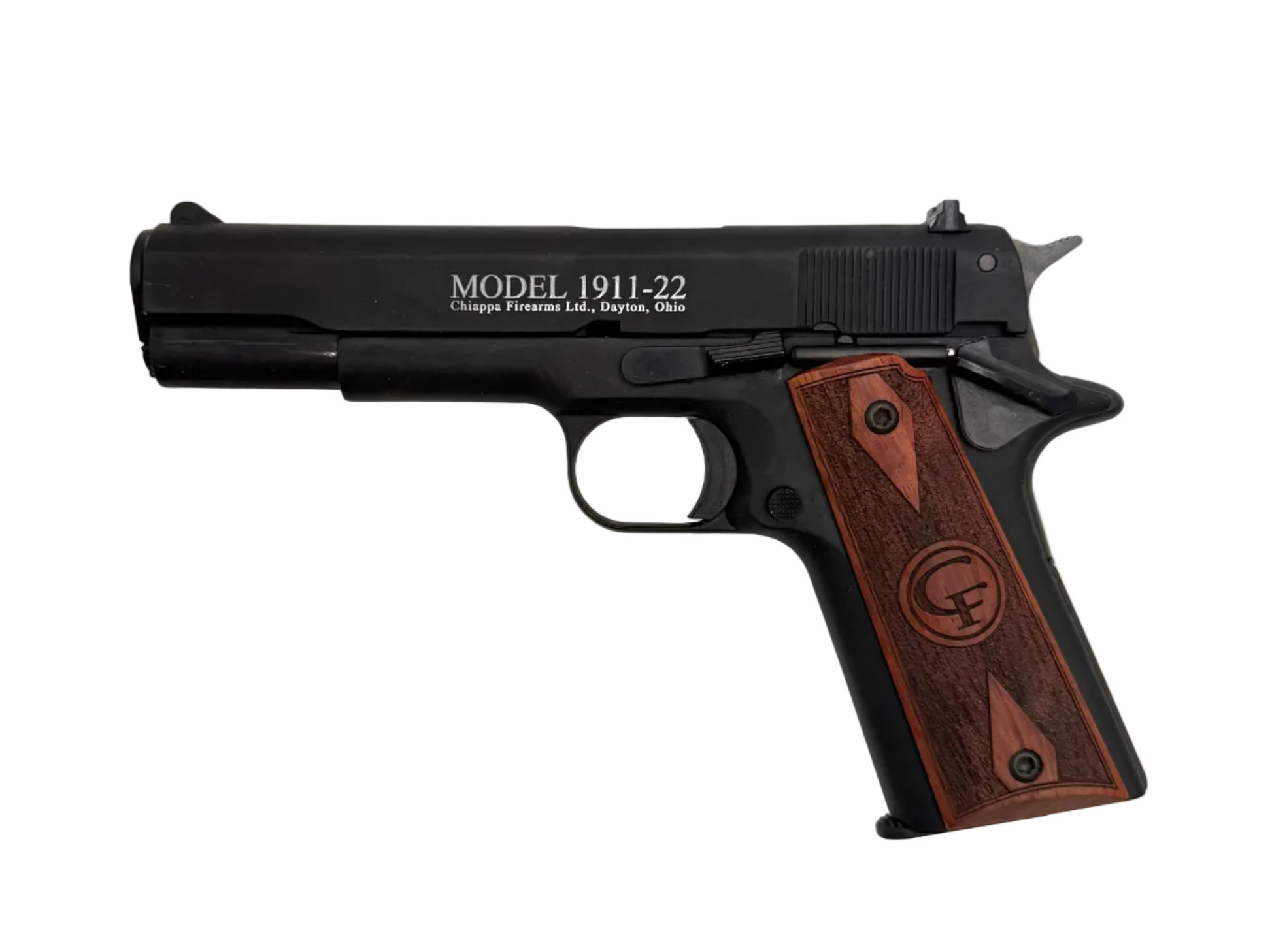 Chiappa 1911 .22LR semi-auto pistol with black finish and textured grip, shown from a side angle.