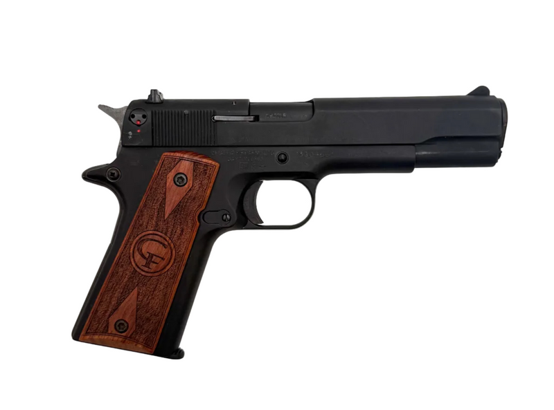 Chiappa 1911 .22LR semi-auto pistol with black finish and textured grip, shown from a side angle.