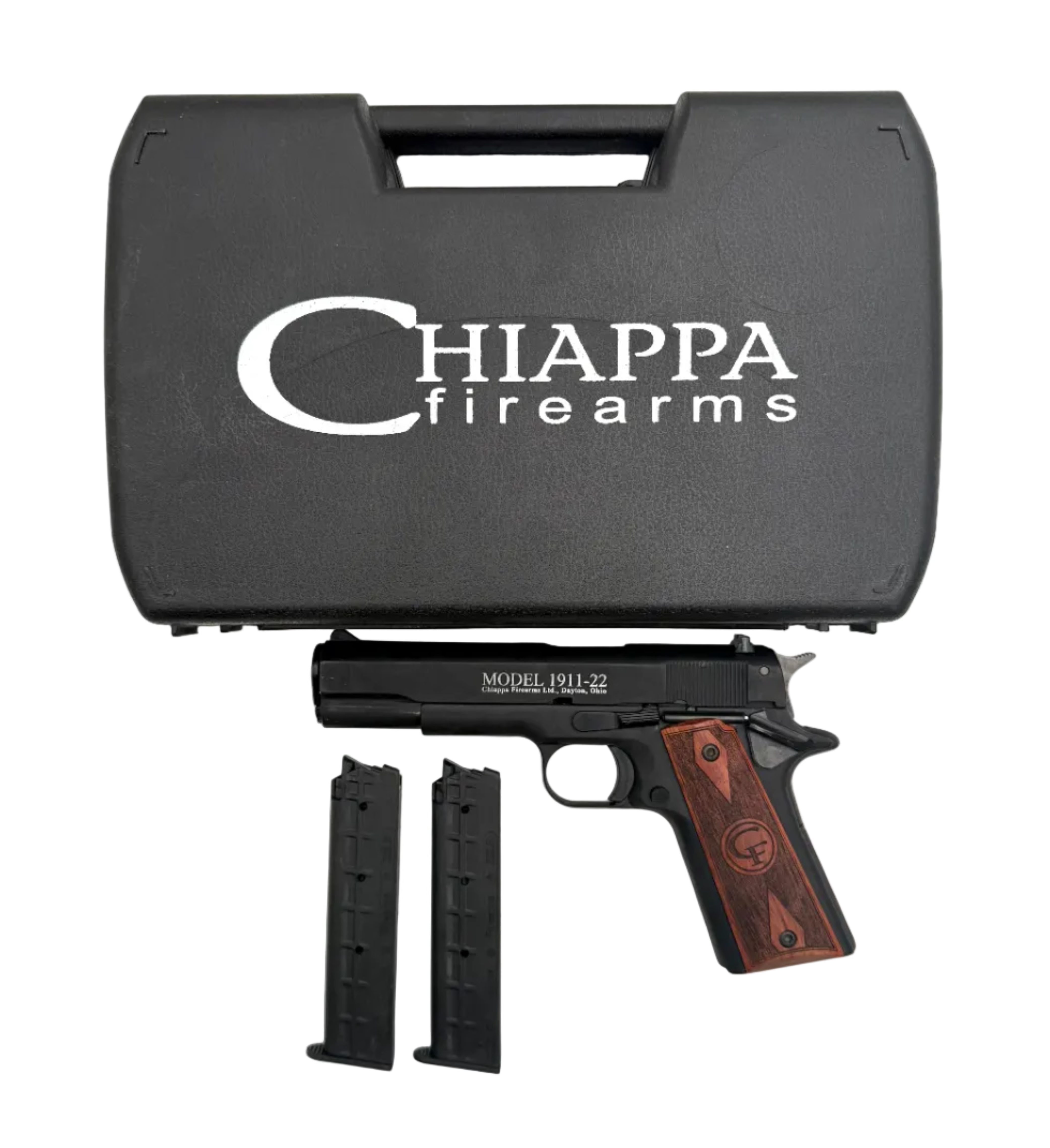 Chiappa 1911 .22LR semi-auto pistol with black finish and textured grip, shown from a side angle.
