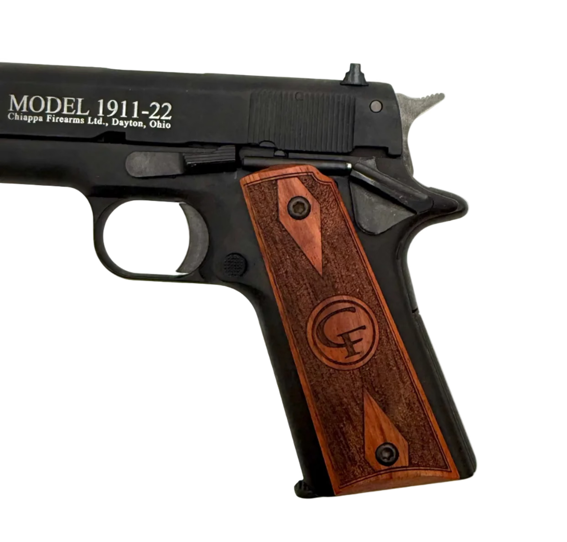 Chiappa 1911 .22LR semi-auto pistol with black finish and textured grip, shown in a close-up shot.