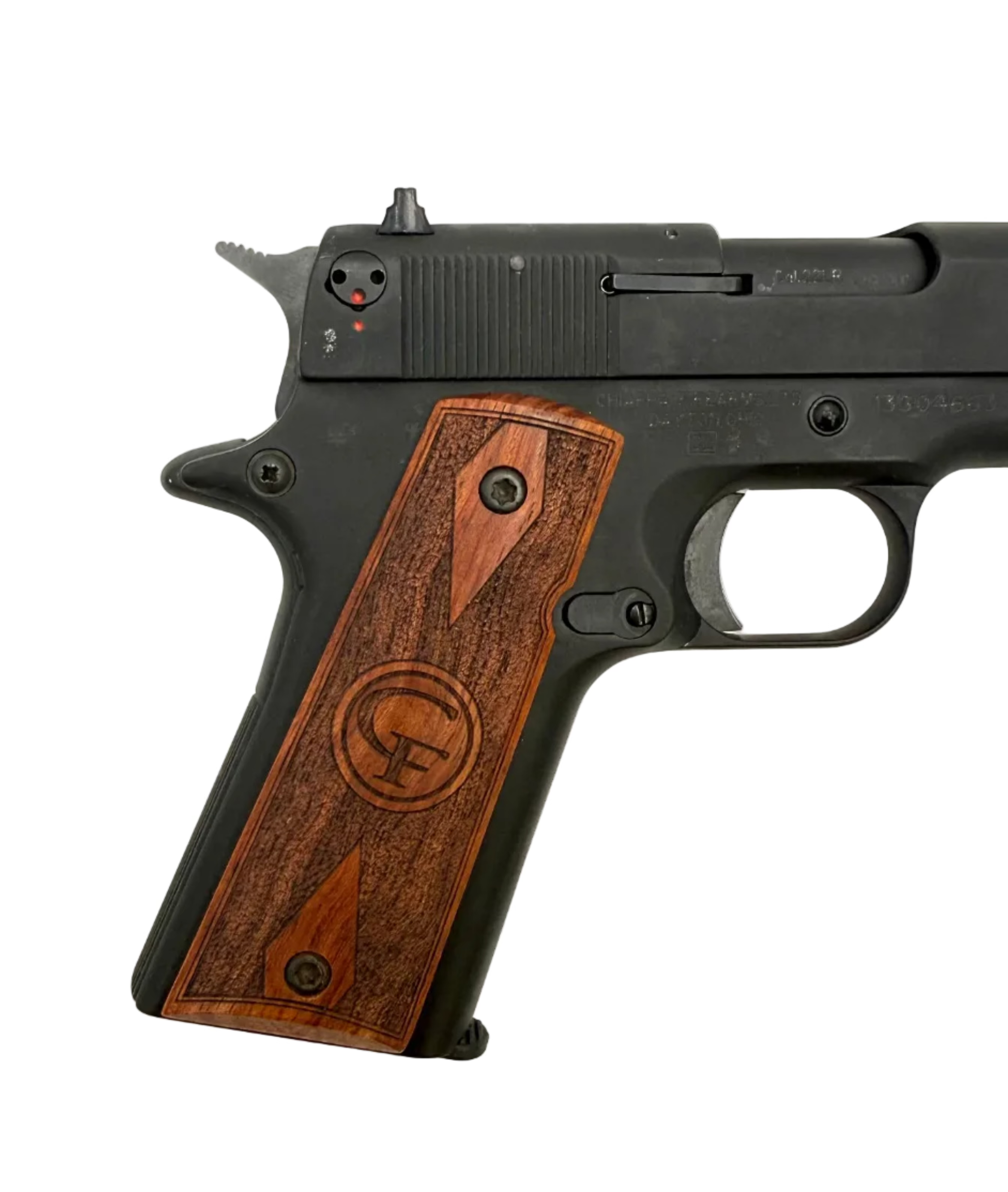Chiappa 1911 .22LR semi-auto pistol with black finish and textured grip, shown from side view.
