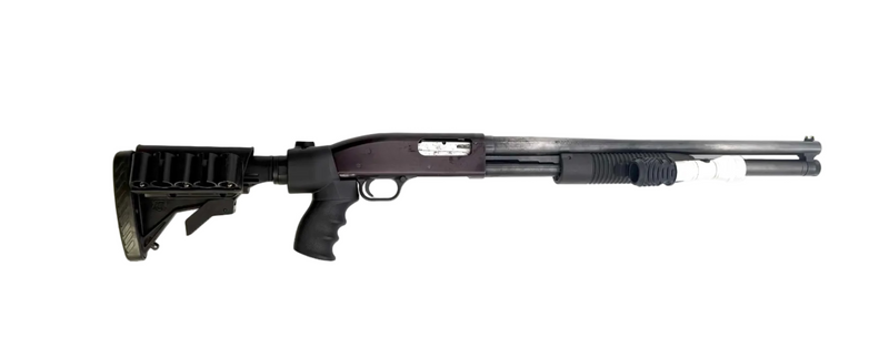 Mossberg Maverick 88 12 gauge pump action shotgun with pistol grip, black finish, shown from side view.