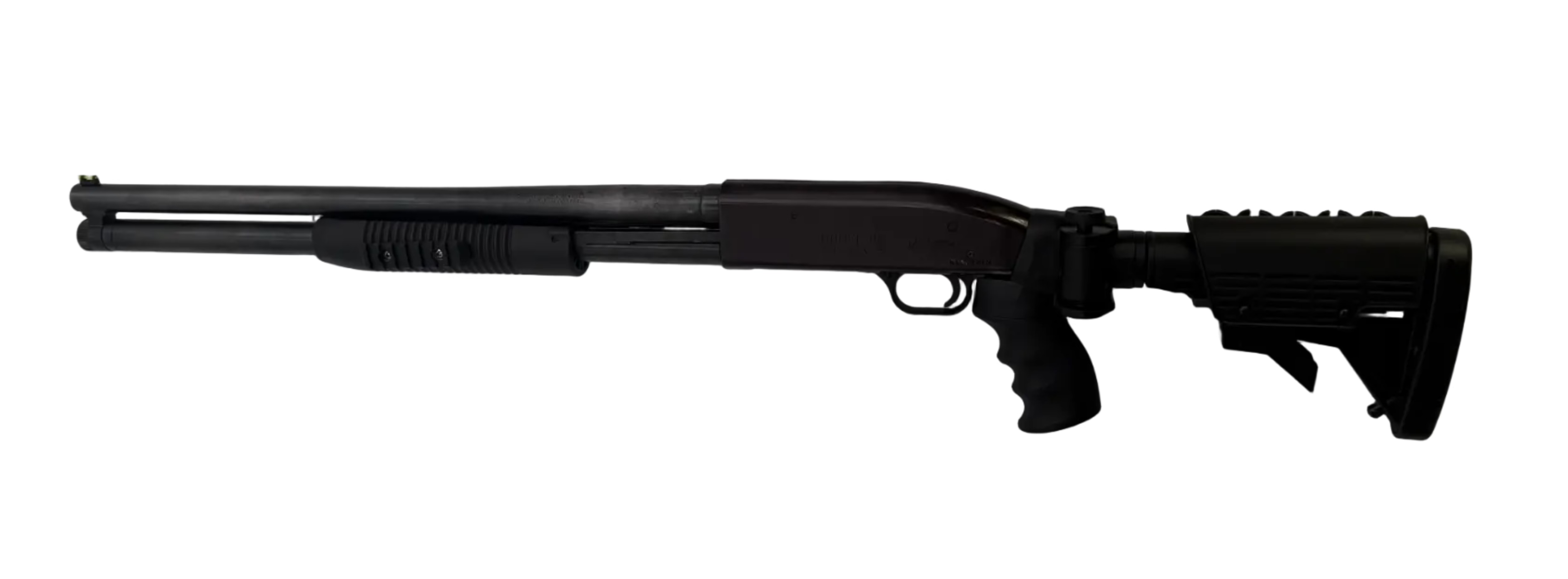 Mossberg Maverick 88 12 gauge pump-action shotgun with pistol grip, black finish, shown from side angle.