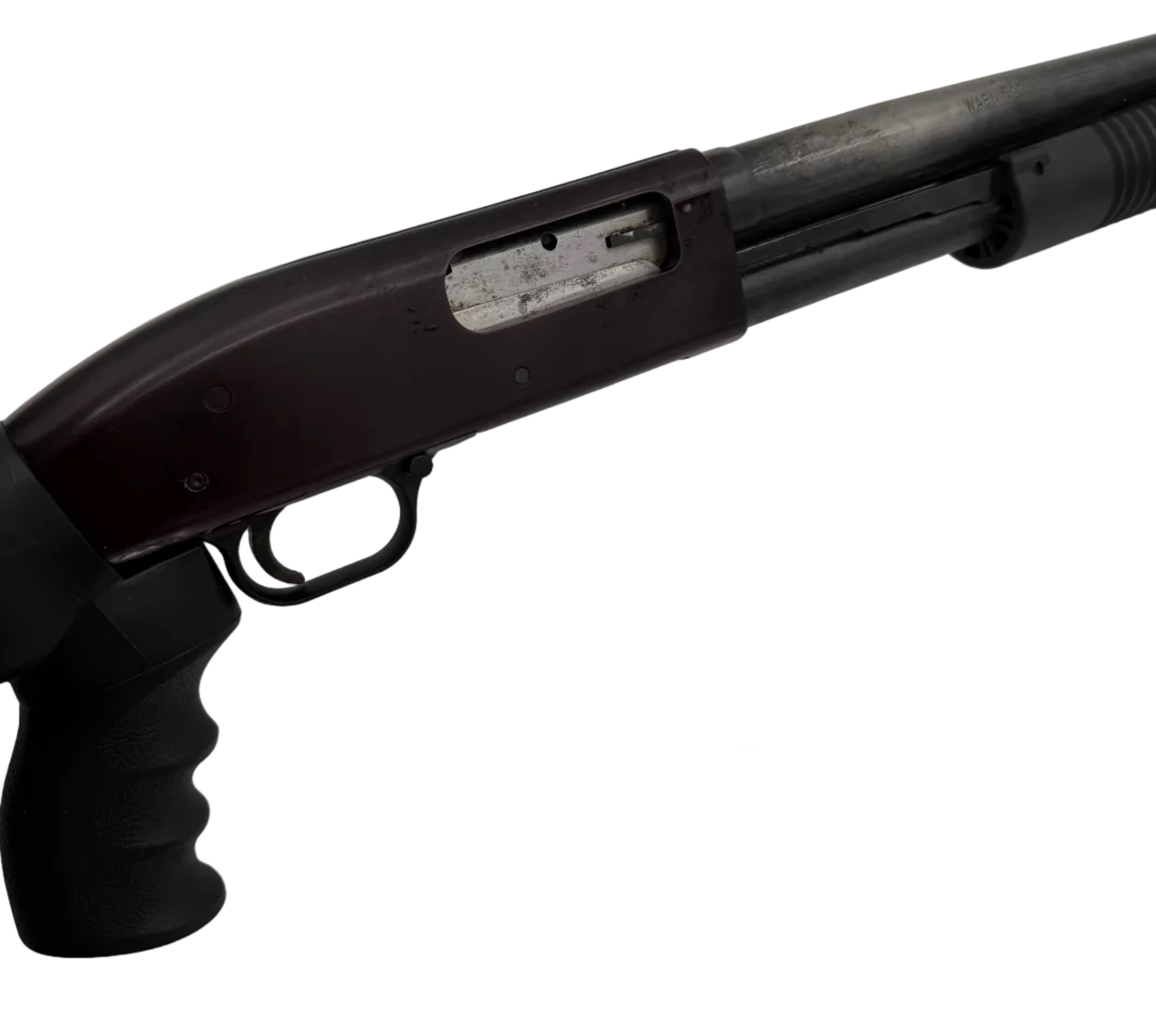 Mossberg Maverick 88 12 gauge pump-action shotgun with pistol grip, shown in a close-up image highlighting the firearm's details