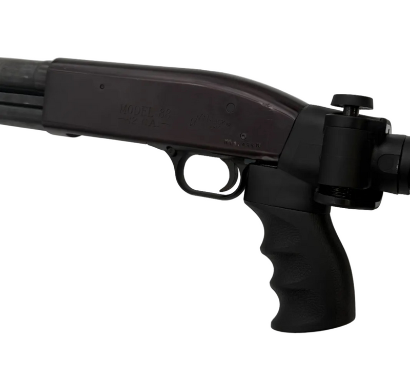 Mossberg Maverick 88 12 gauge pump-action shotgun with pistol grip, shown in a close-up image highlighting the firearm's grip and barrel.