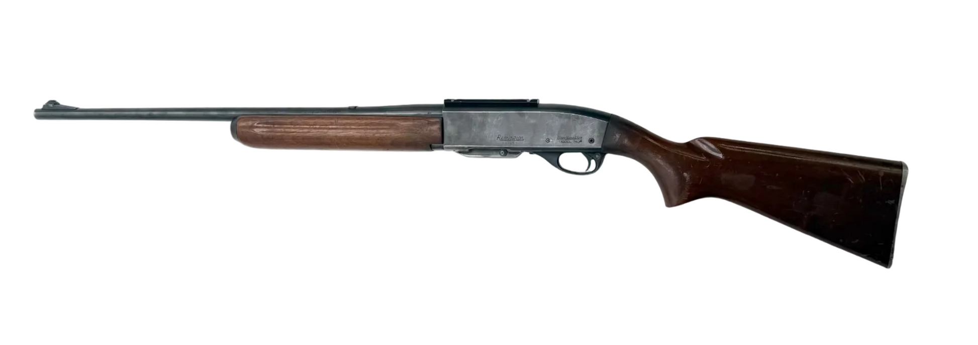 Remington Model 740 .30-06 Springfield semi auto rifle with wooden stock and metallic barrel, shown in a close-up view.