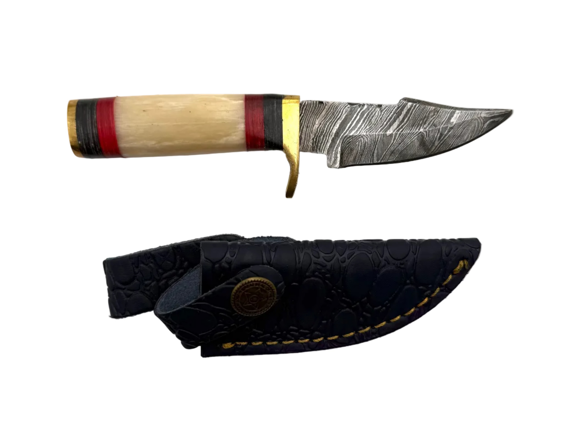 Custom made Damascus knife with a patterned blade and wooden handle, showcasing craftsmanship and intricate design details.