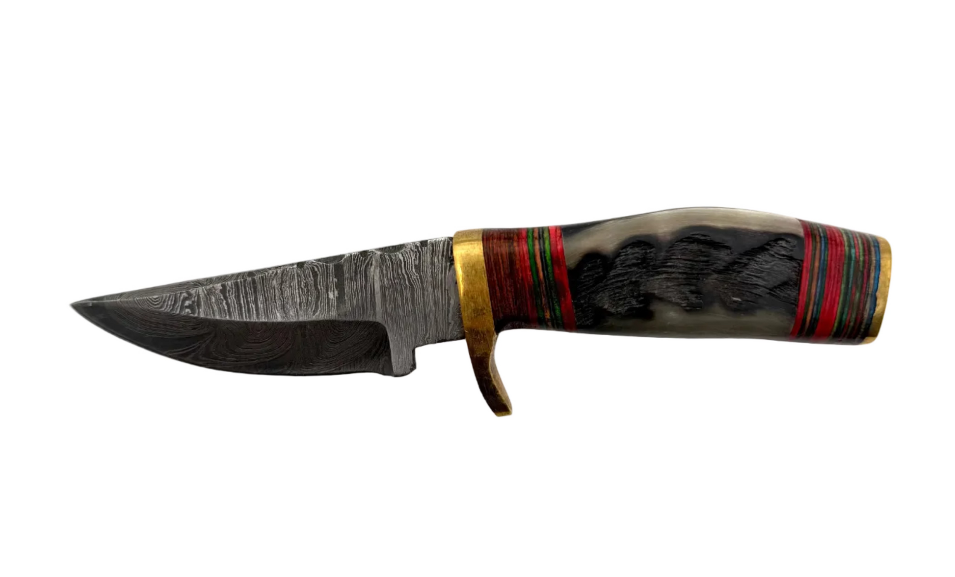 Custom made Damascus knife with a patterned steel blade and wooden handle, displayed on a neutral background.