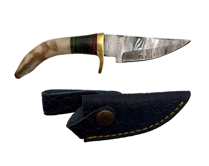 Custom made Damascus knife with a patterned blade and wooden handle, showcasing fine craftsmanship and intricate design.