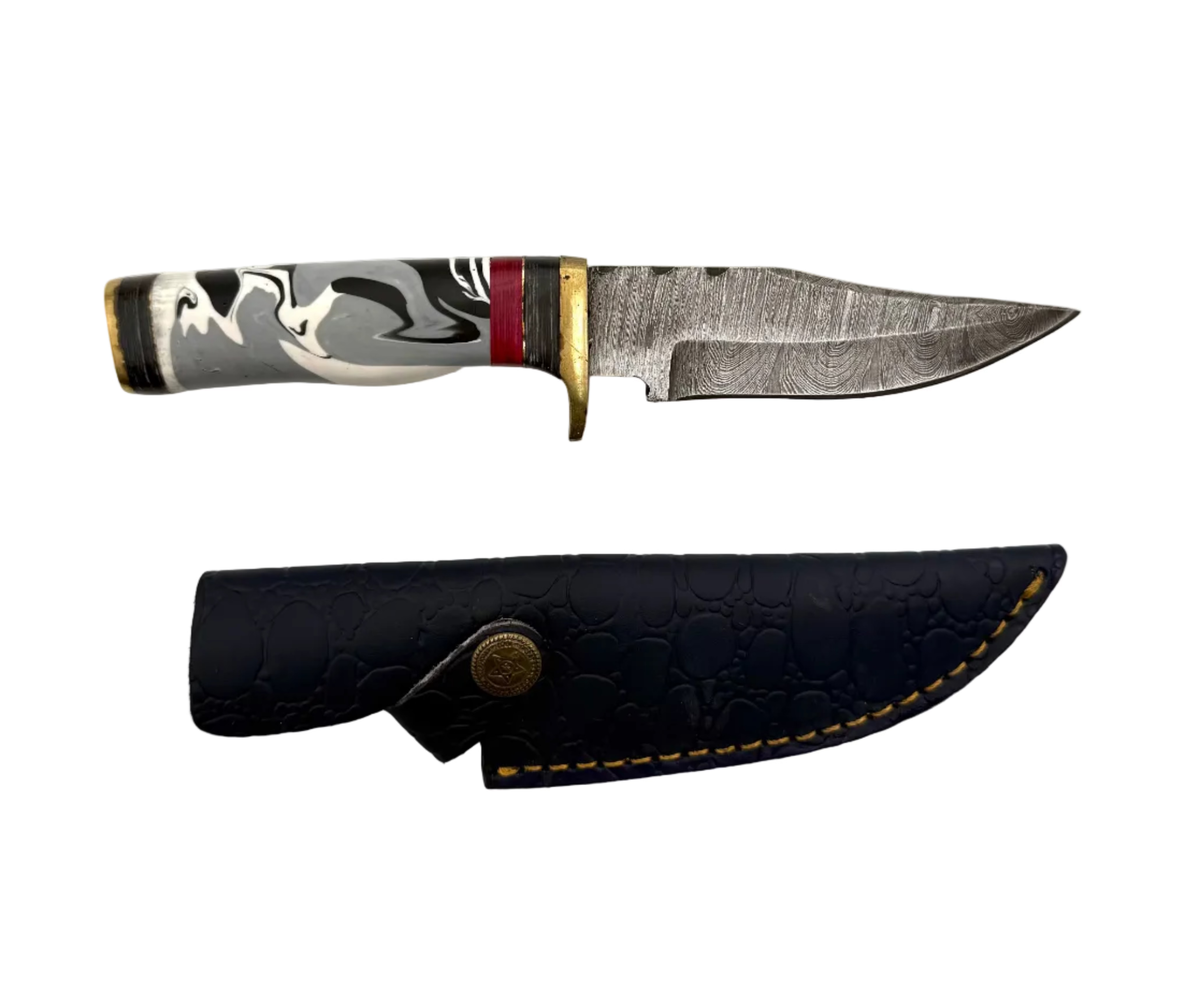 Close-up of a custom-made Damascus knife with a patterned blade and wooden handle, showcasing craftsmanship and detailed design.