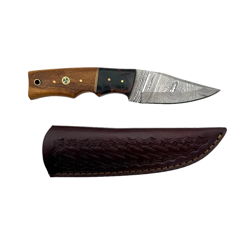 Custom made Damascus knife with a patterned steel blade and wooden handle, showcasing craftsmanship and intricate design.