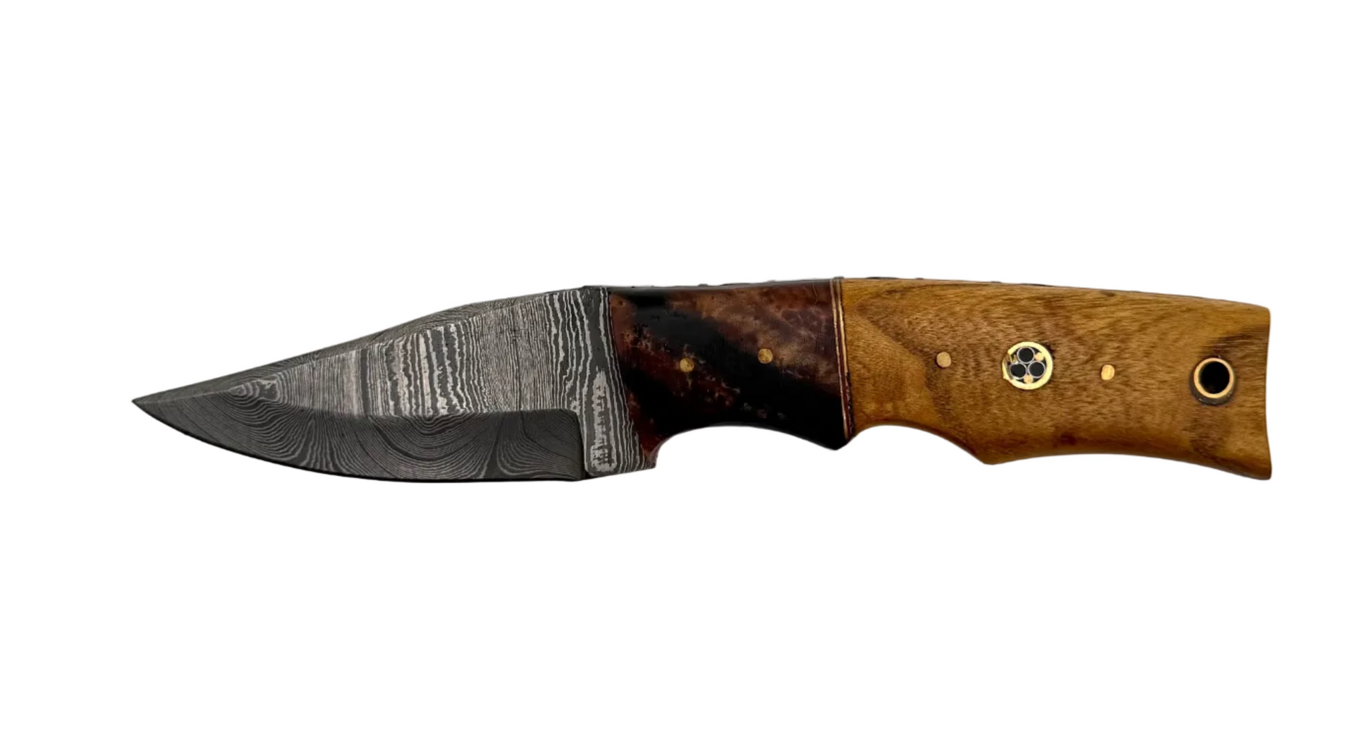 Custom made Damascus knife with a patterned blade and wooden handle, showcasing craftsmanship and detailed steel work.