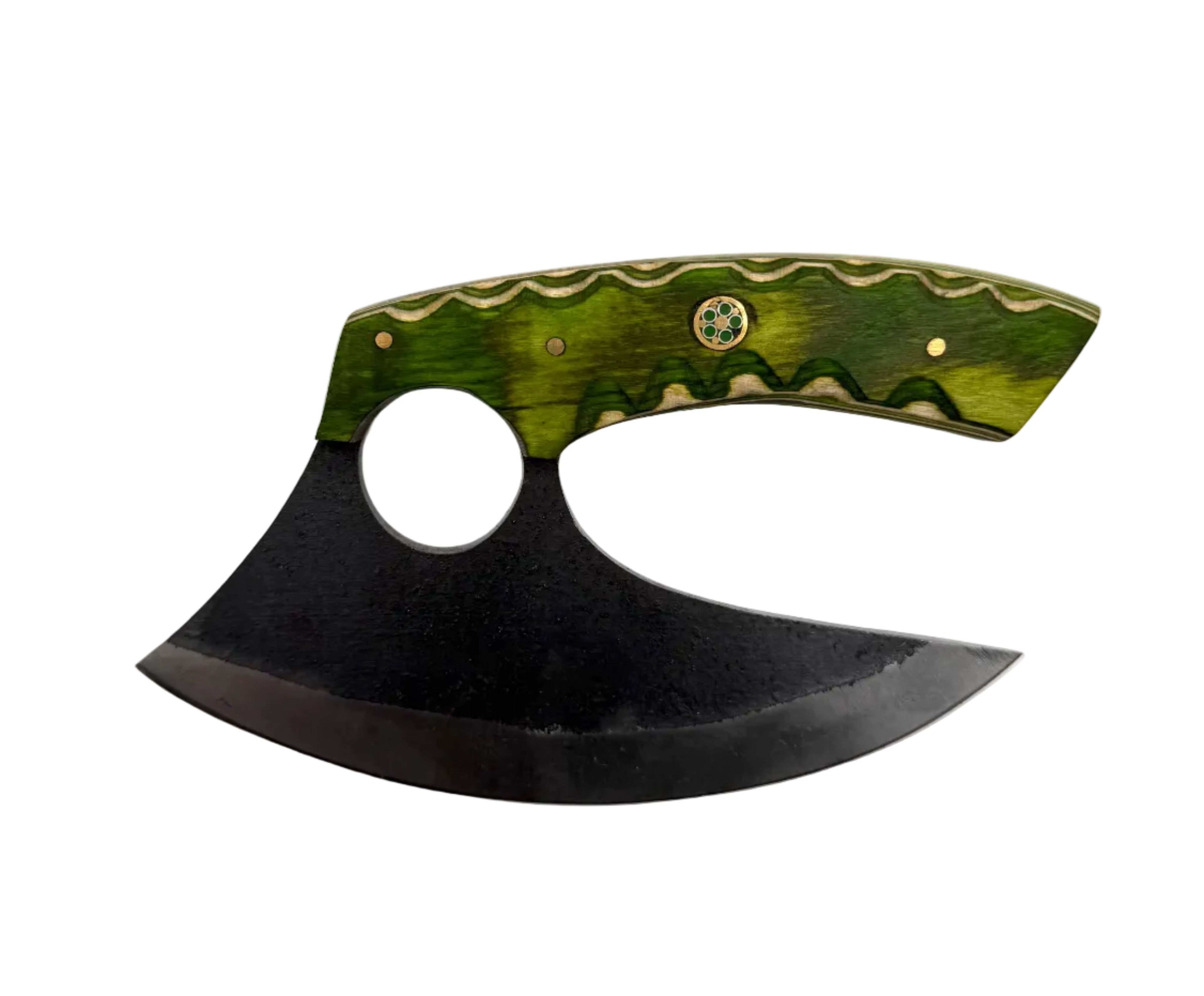 Custom made Damascus knife with a patterned blade and wooden handle, displayed on a dark background.