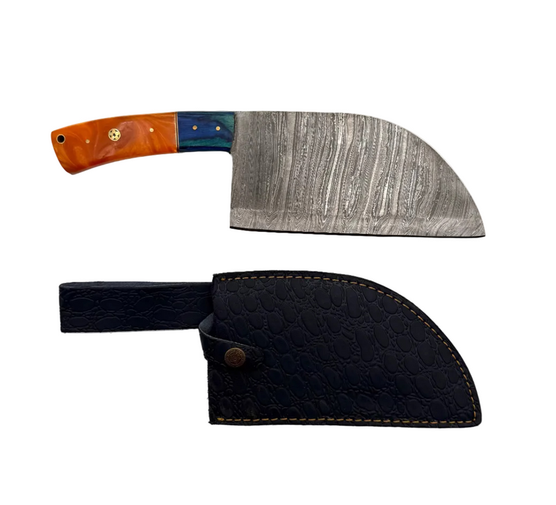 Custom made Damascus knife with a patterned blade and wooden handle, displayed on a textured surface.
