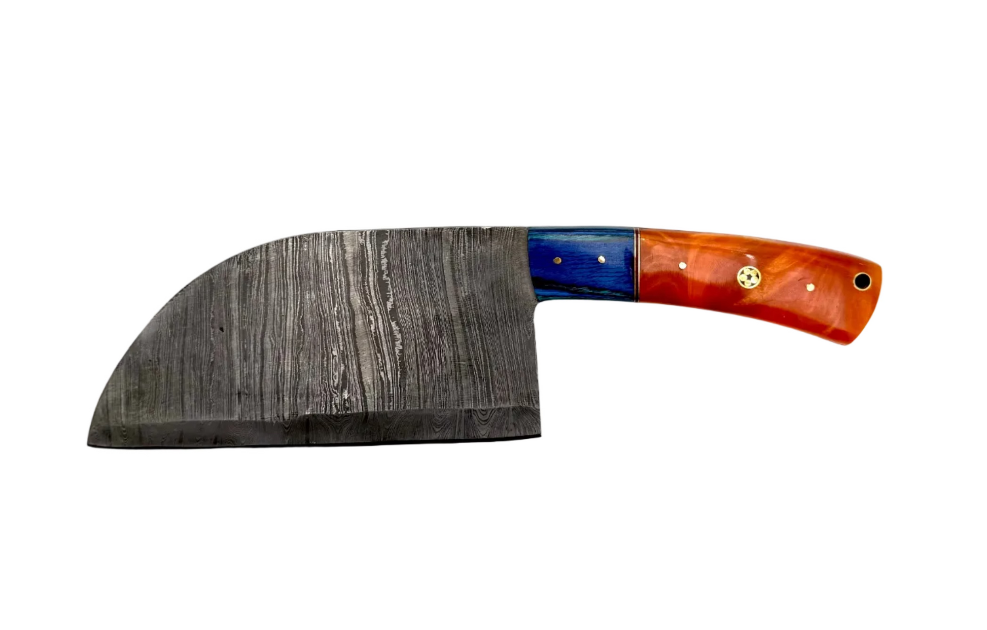 Close-up of a custom made Damascus knife with a patterned blade and wooden handle, showcasing craftsmanship and detailed design.