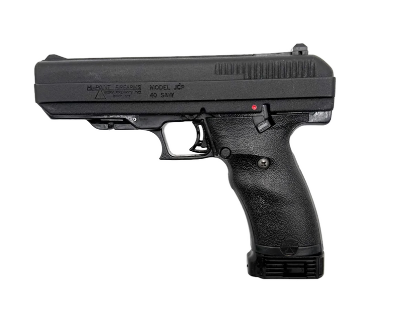 Image of Hi-Point Model JCP .40 S&W semi-auto pistol with black finish and polymer grip, shown from the side.