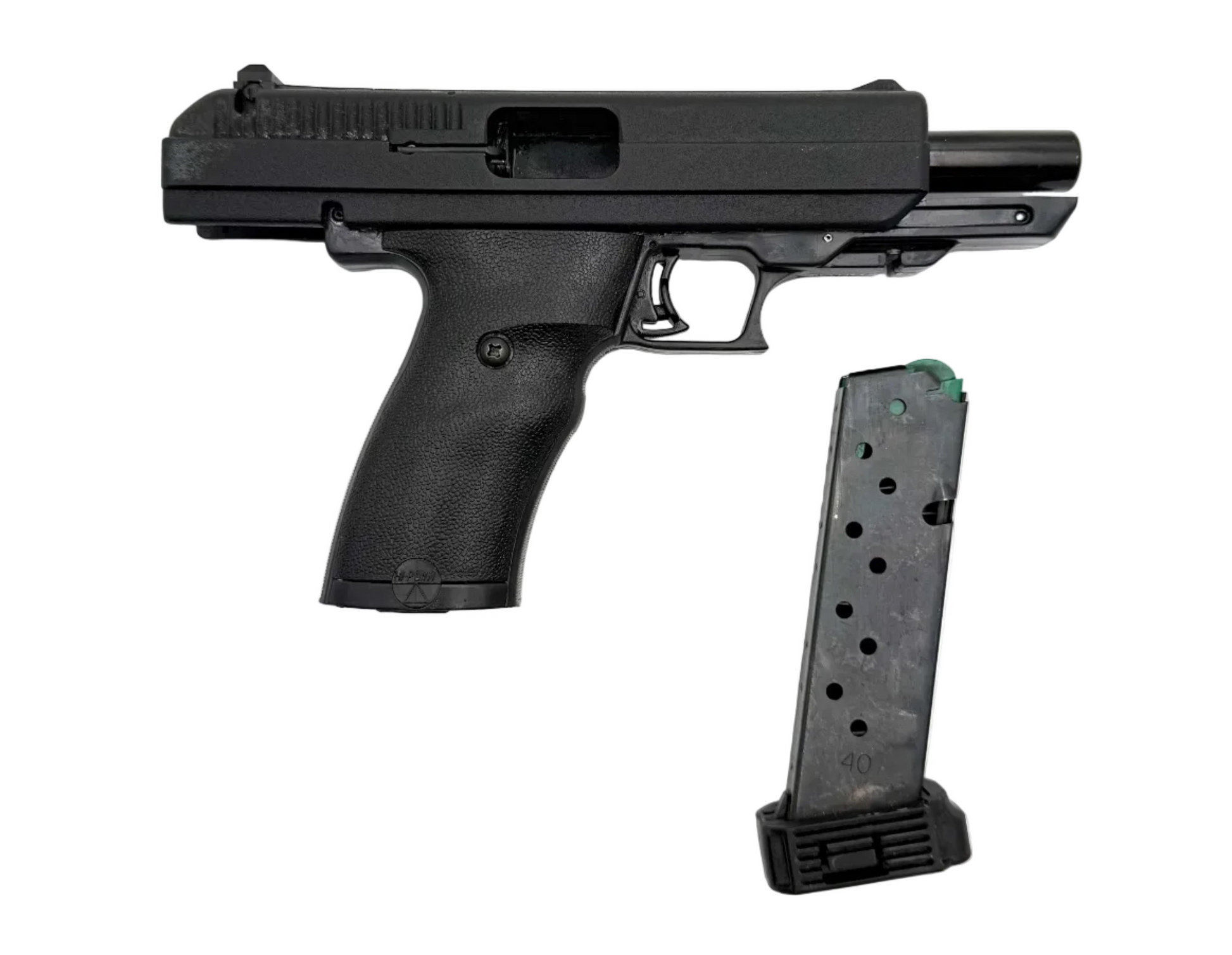 Close-up of Hi-Point Model JCP .40 S&W semi-auto pistol showing its black metal slide and polymer grip.