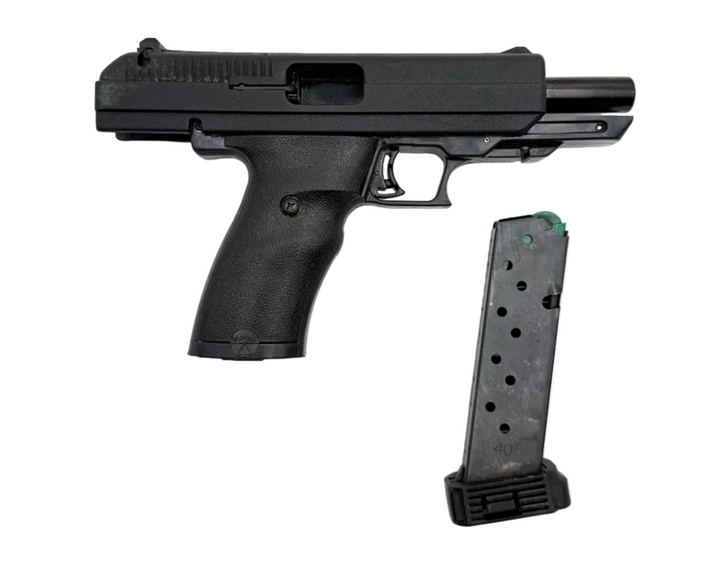 Close-up of Hi-Point Model JCP .40 S&W semi-auto pistol showing its black metal slide and polymer grip.