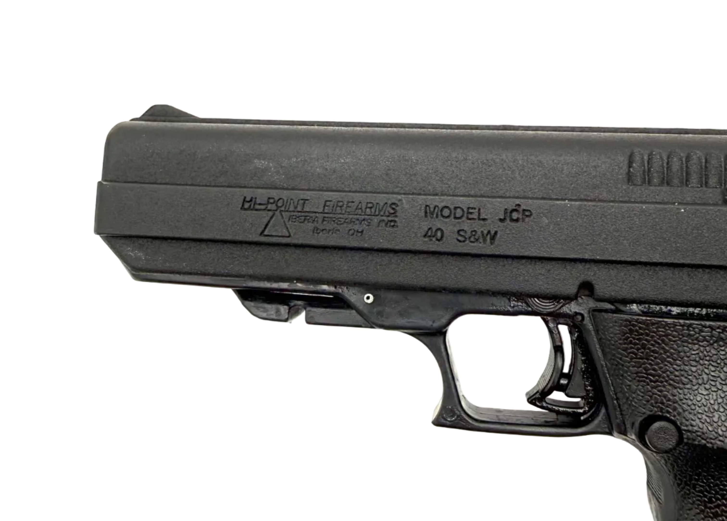 Hi-Point Model JCP .40 S&W semi-auto pistol with black polymer frame and metal slide, shown from a side angle.