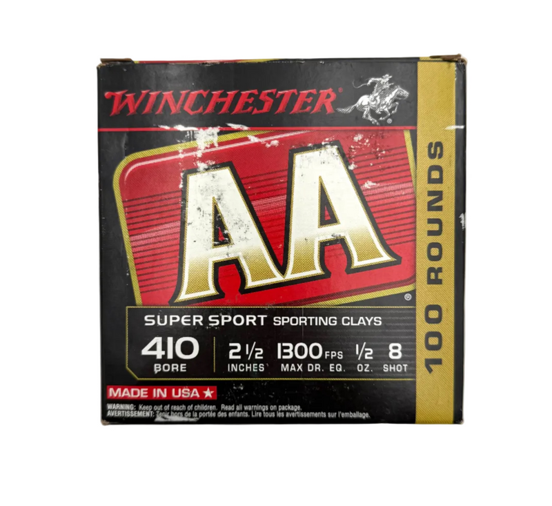 Winchester AA Super Sport 410 bore 2.5-inch shotgun shells, 1/2 oz 8 shot, 100-count box for shotgun hunting and sport shooting.