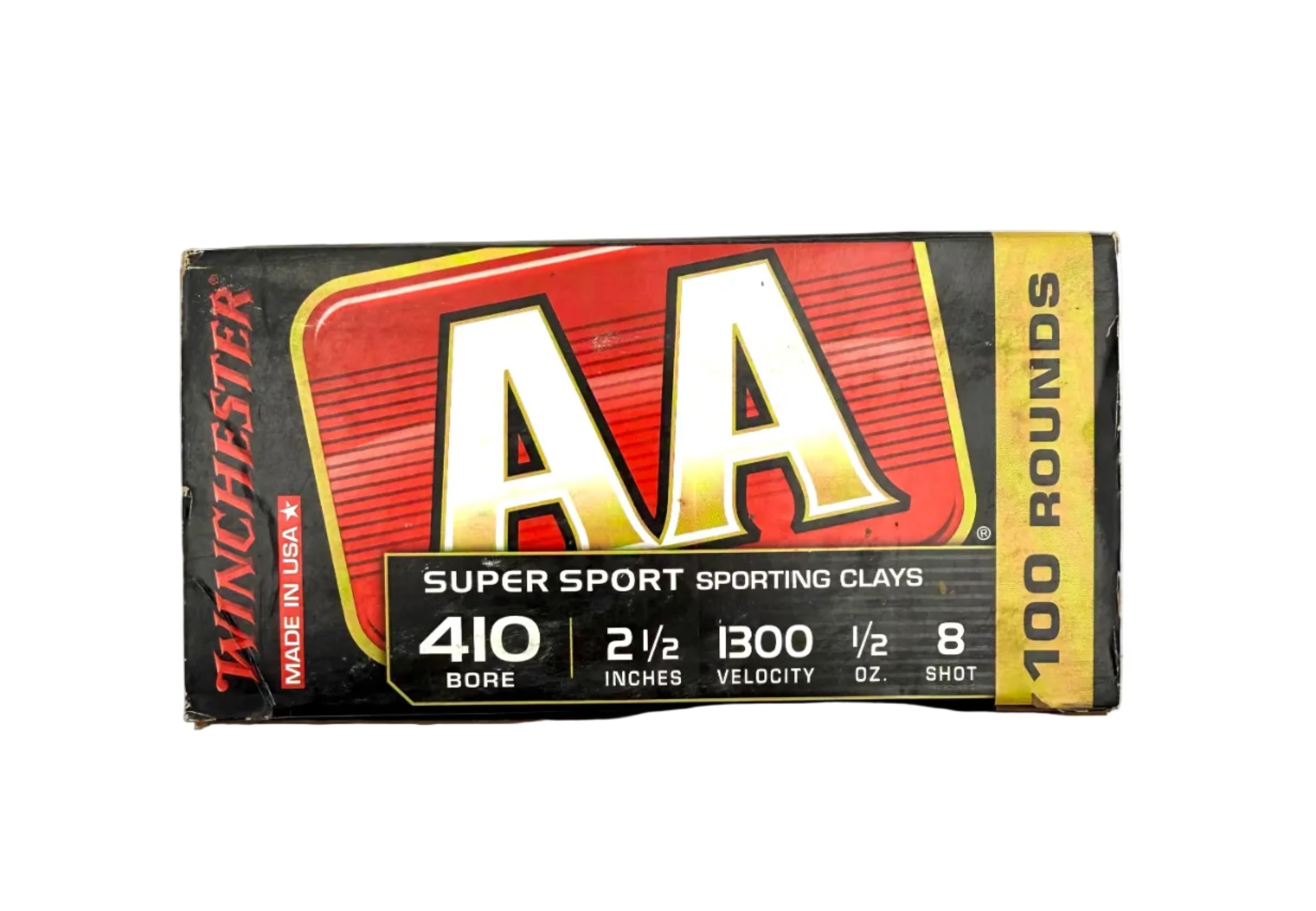 Winchester AA Super Sport 410 bore 2.5-inch shotgun shells, 1/2 oz 8 shot, 100-round box of ammunition.