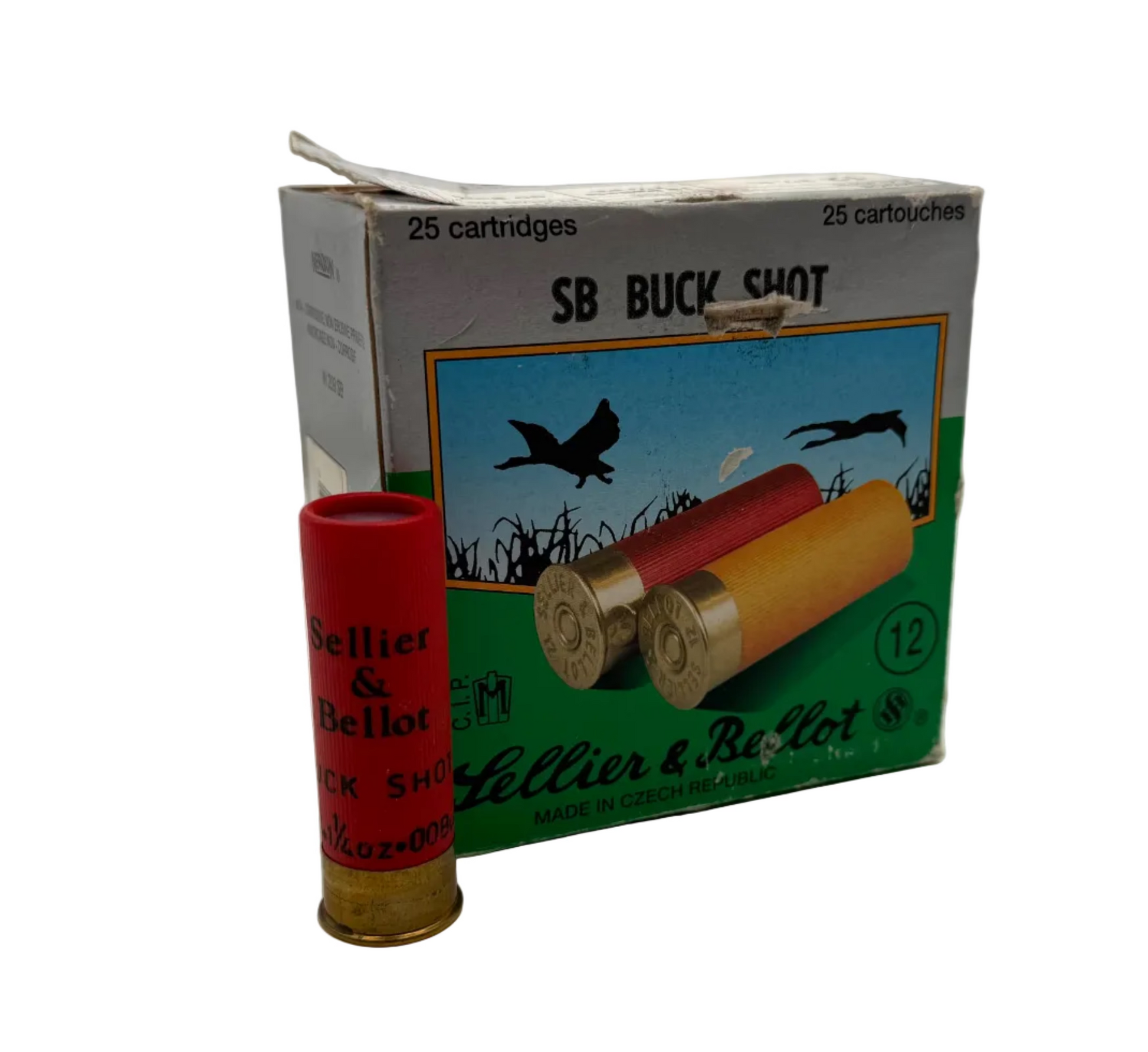 Sellier & Bellot 12 Gauge SB 00 Buck Shot ammunition, 25-round box, with brass casings and shot pellets visible in the image.