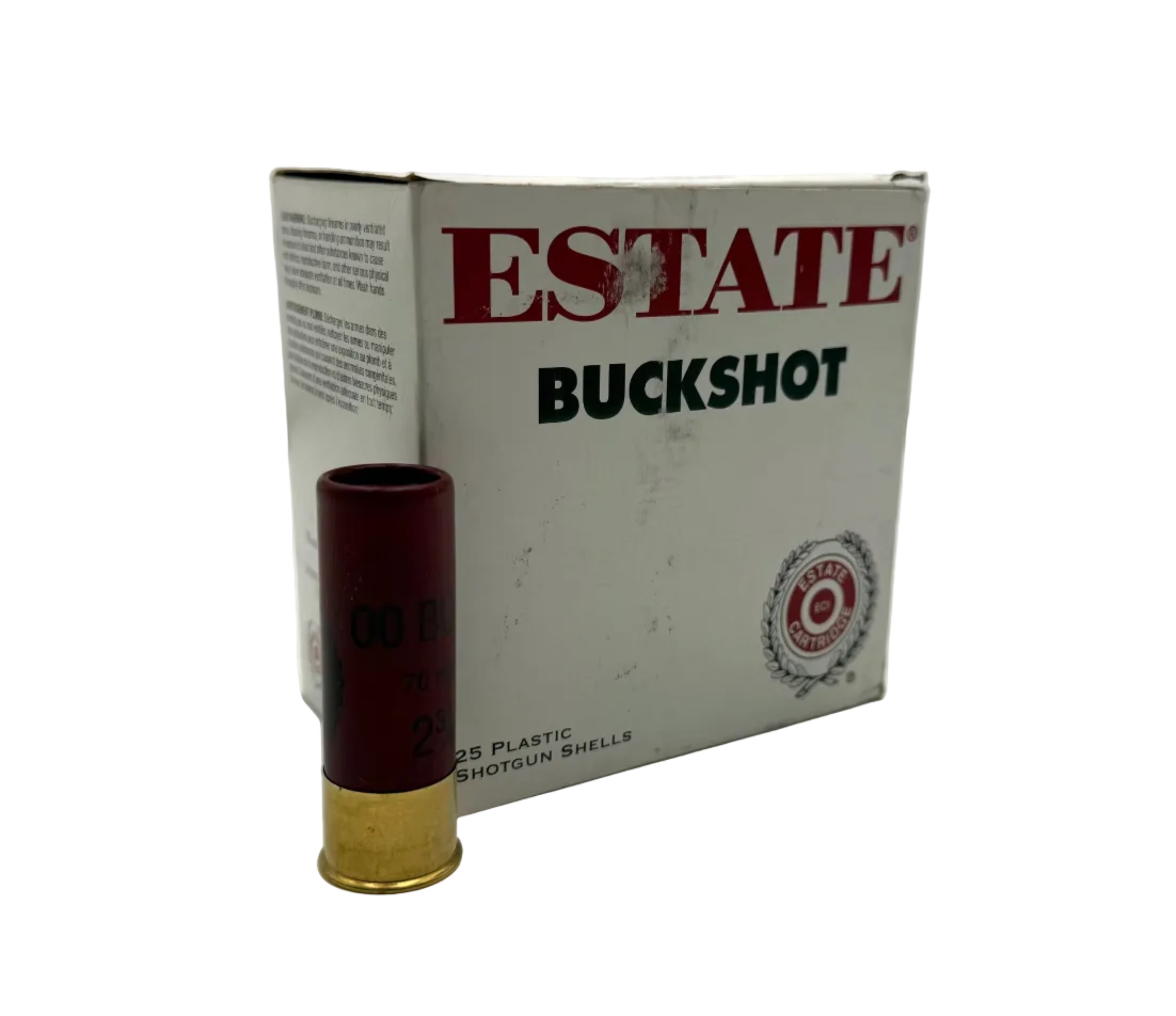 Estate 12 gauge 2 3/4 inch buckshot ammo, 25 rounds, with brass casings and shot shells ready for hunting or shooting sports.