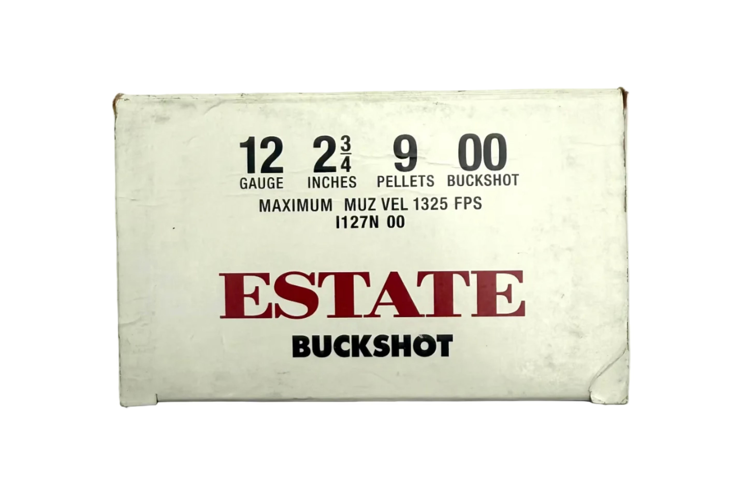 Estate 12 Gauge 2 3/4-inch Buck Shot ammunition, 25-count box, designed for shotgun hunting and shooting sports.