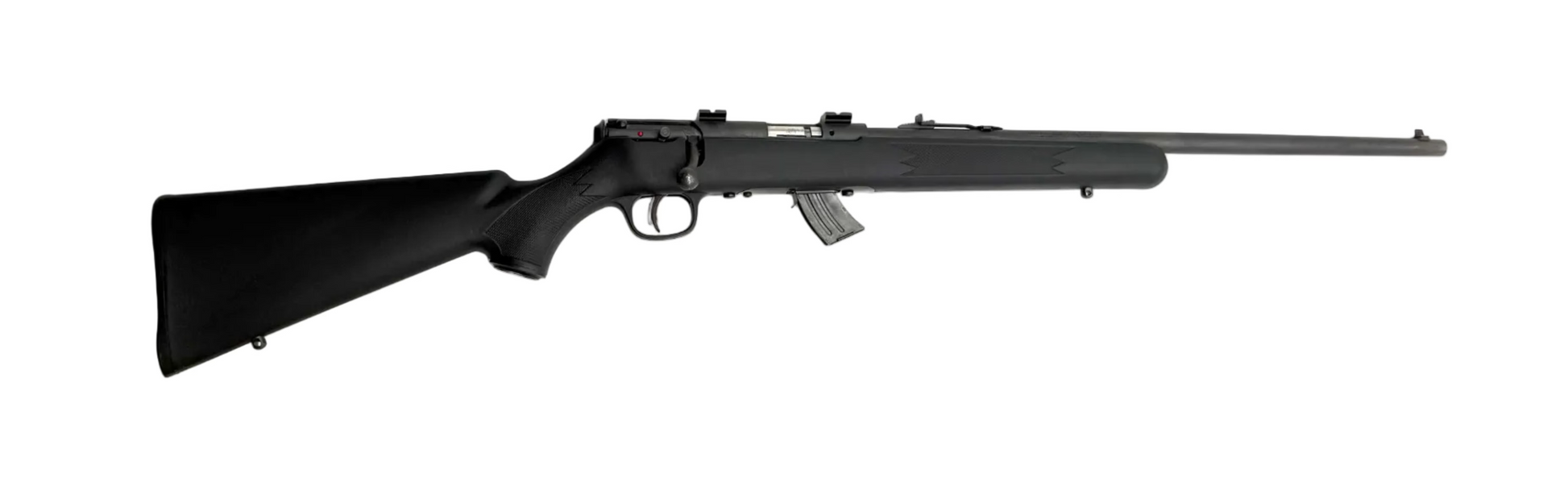 Savage Arms Savage Mark II F .22LR bolt action rifle with wooden stock and metal barrel, shown in a close-up view.
