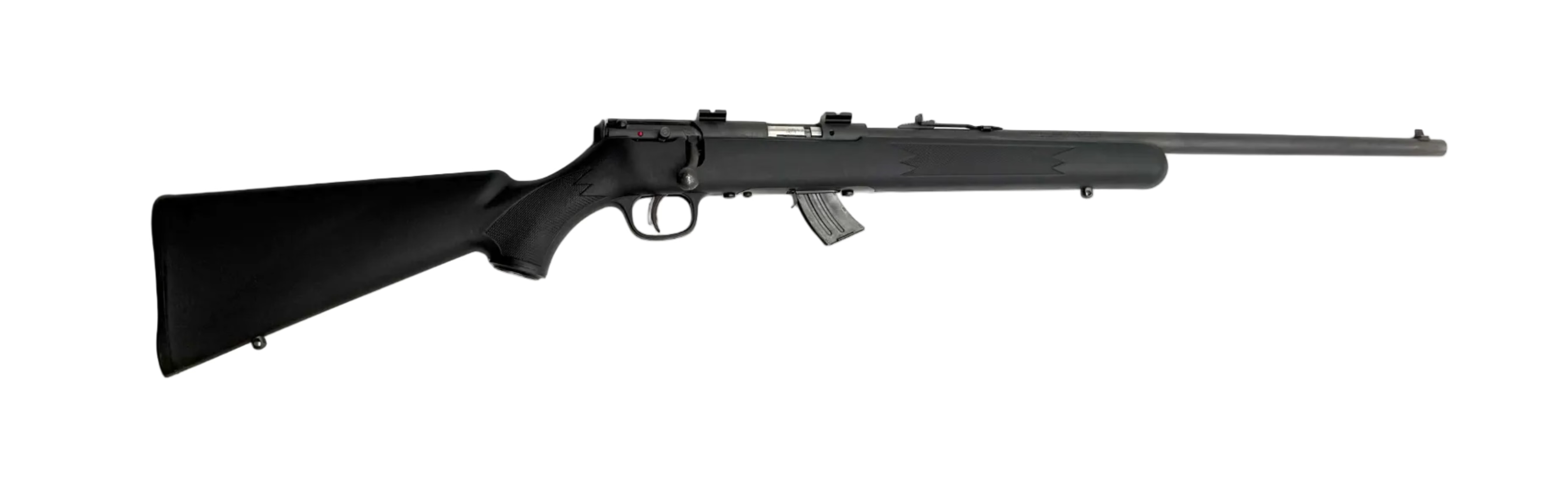Savage Arms Savage Mark II F .22LR bolt action rifle with wooden stock and metal barrel, shown in a close-up view.