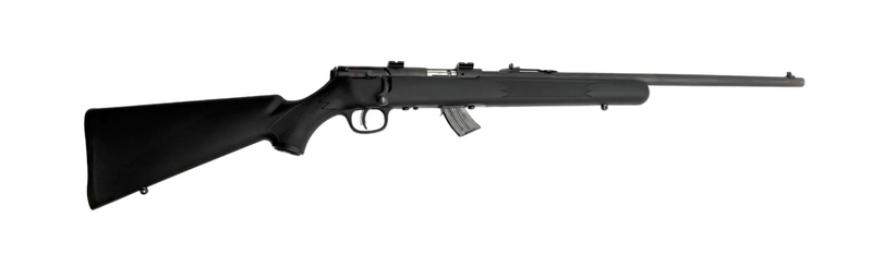 Savage Arms Savage Mark II F .22LR bolt action rifle with wooden stock and metal barrel, shown in a close-up view.