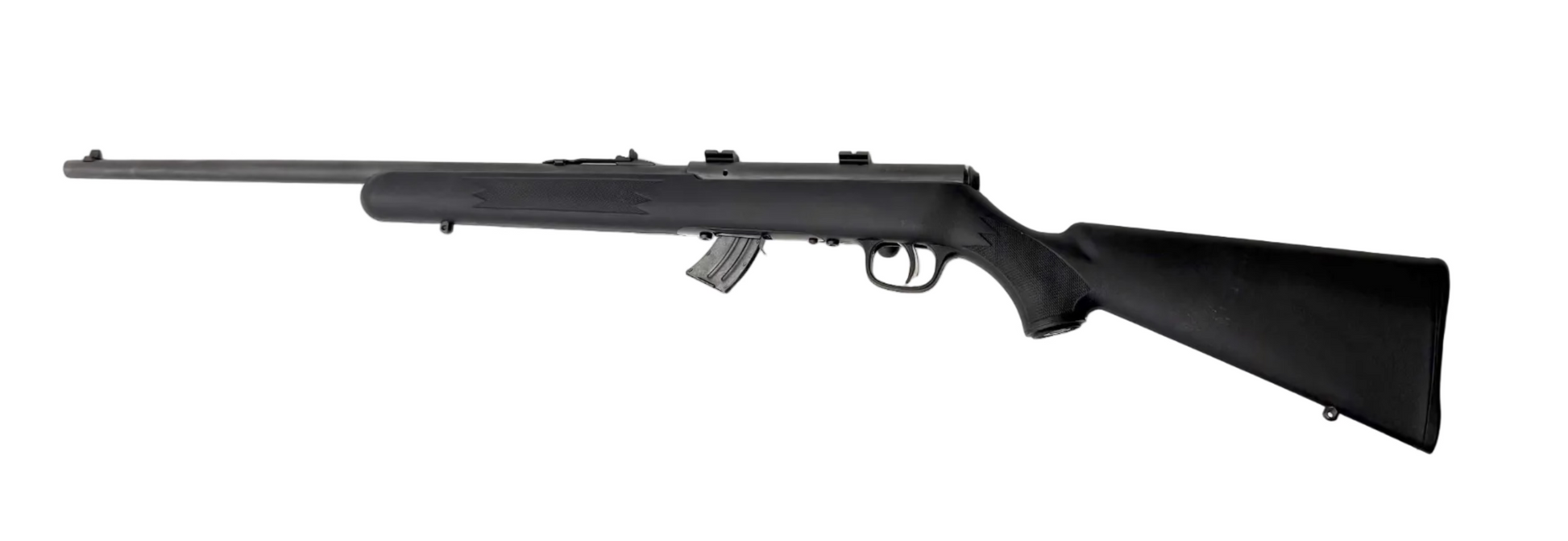 Savage Arms Savage Mark II F .22LR bolt action rifle with wooden stock and metal barrel, ready for shooting.