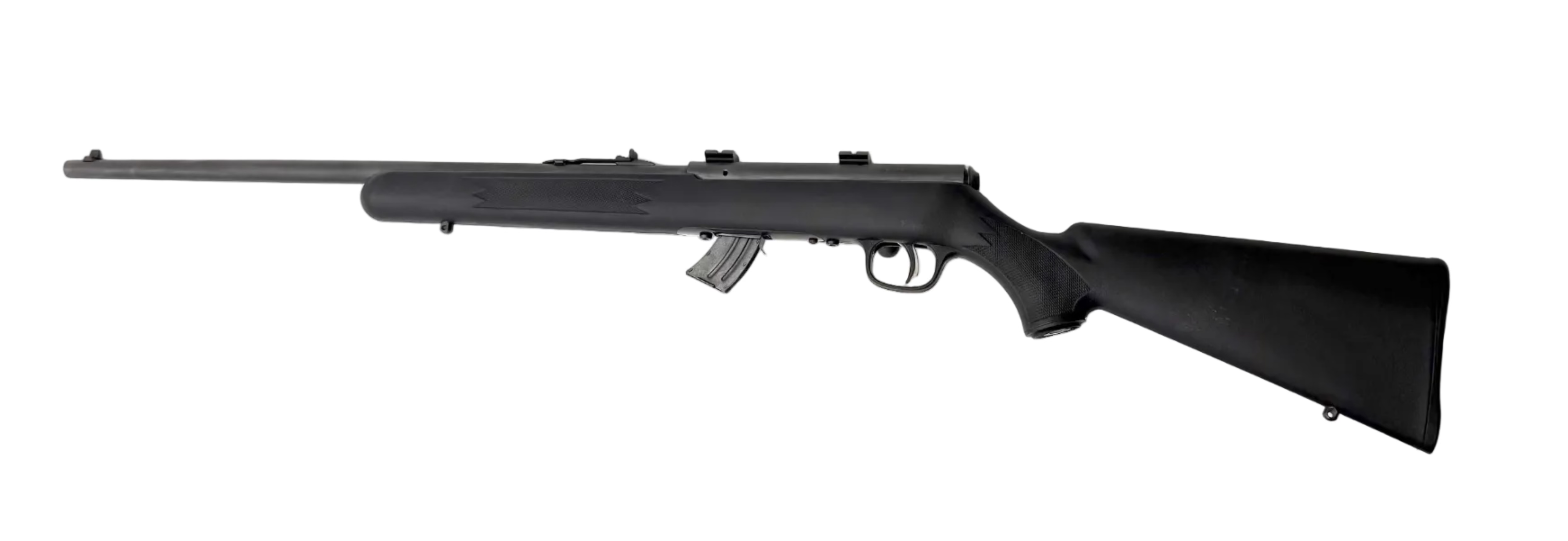 Savage Arms Savage Mark II F .22LR bolt action rifle with wooden stock and metal barrel, ready for shooting.