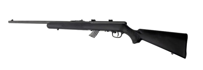 Savage Arms Savage Mark II F .22LR bolt action rifle with wooden stock and metal barrel, ready for shooting.