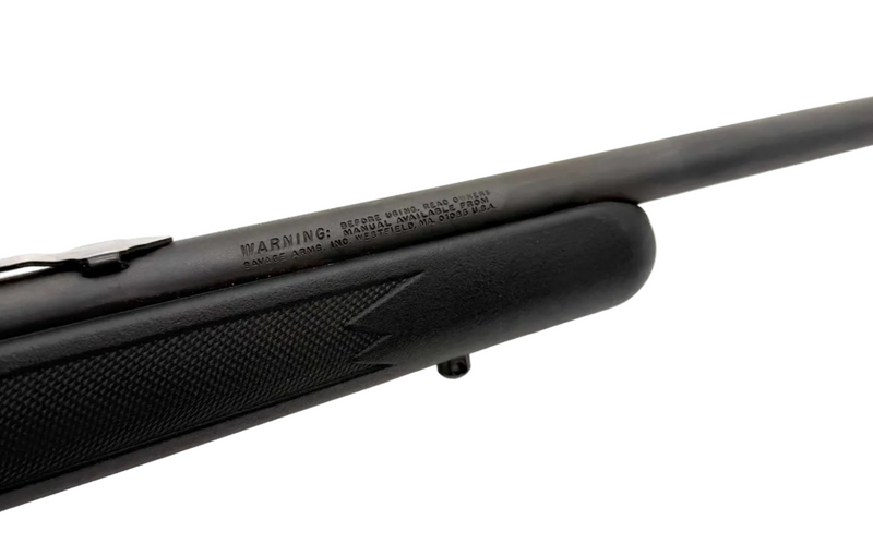 Savage Arms Savage Mark II F .22LR bolt action rifle with wooden stock and metal barrel, shown from a side angle.
