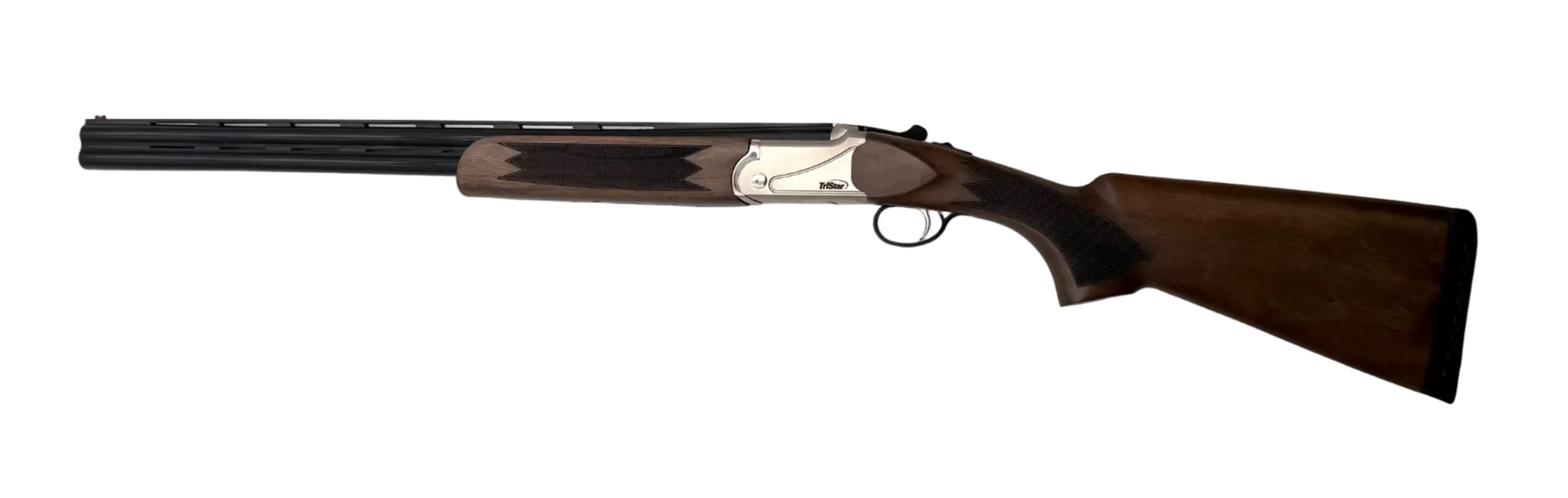 TriStar Upland Hunter 20 Gauge over-under shotgun with wooden stock and metal barrel, shown from a side angle.