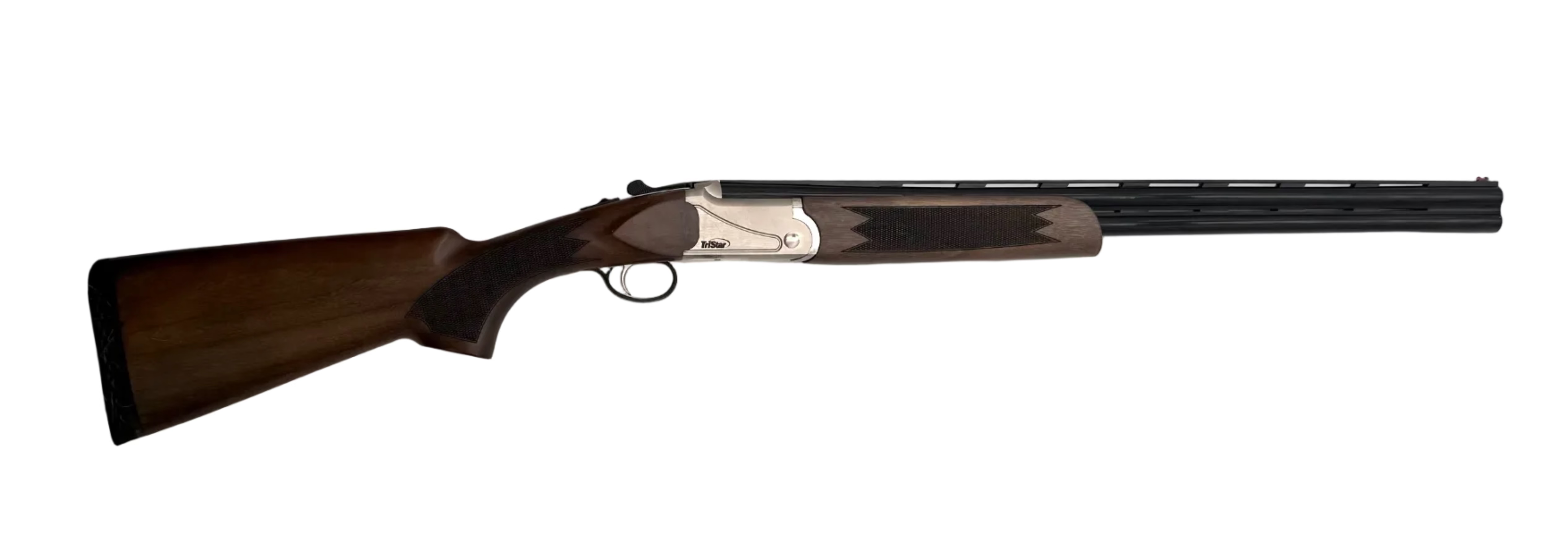 TriStar Upland Hunter 20 Gauge over-under shotgun showing a sleek black and silver design with double barrels and wooden stock.