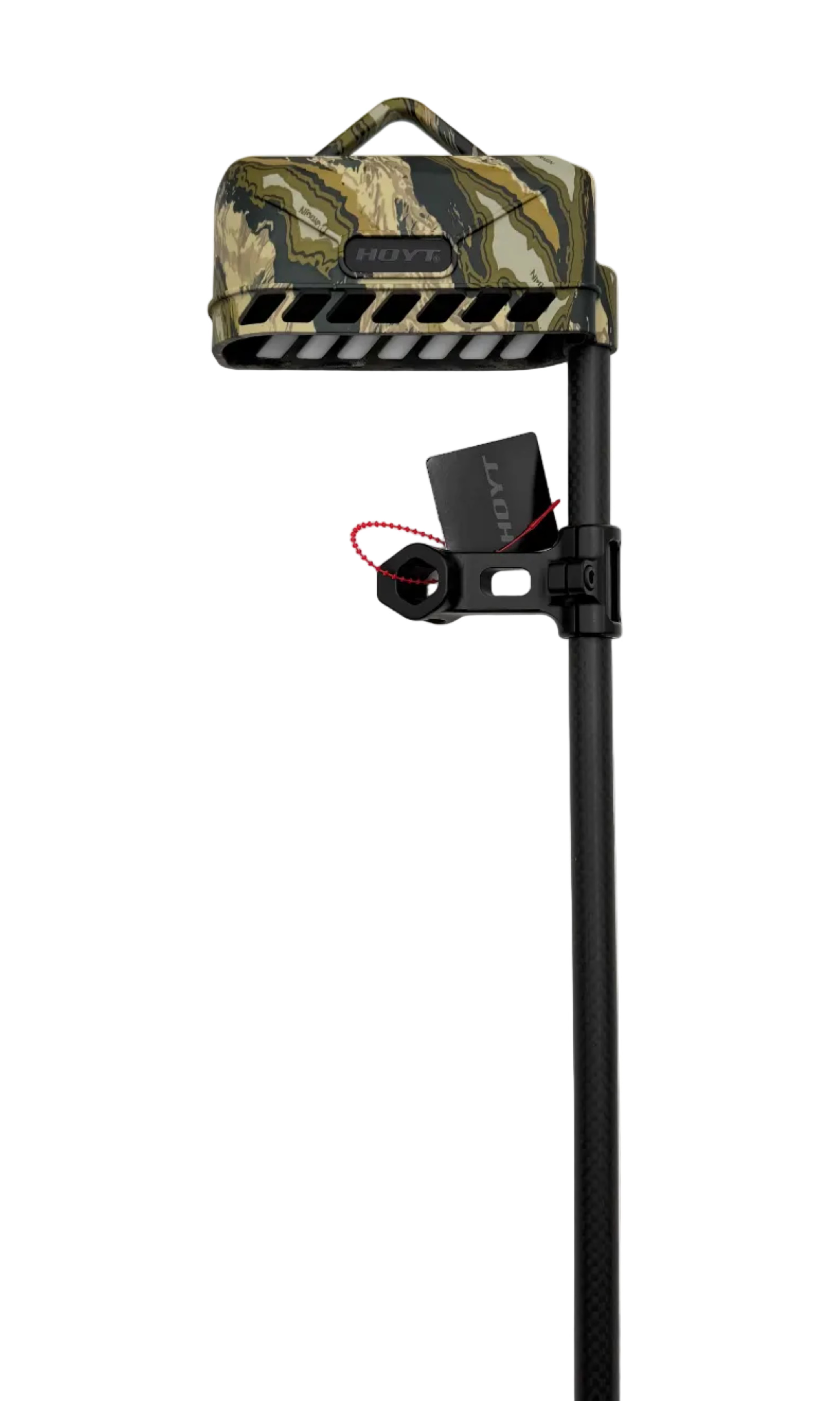 Hoyt Carbon Superlite Stretch Quick Detach 6-arrow quiver mounted on a bow, featuring a sleek black design and compact construction.