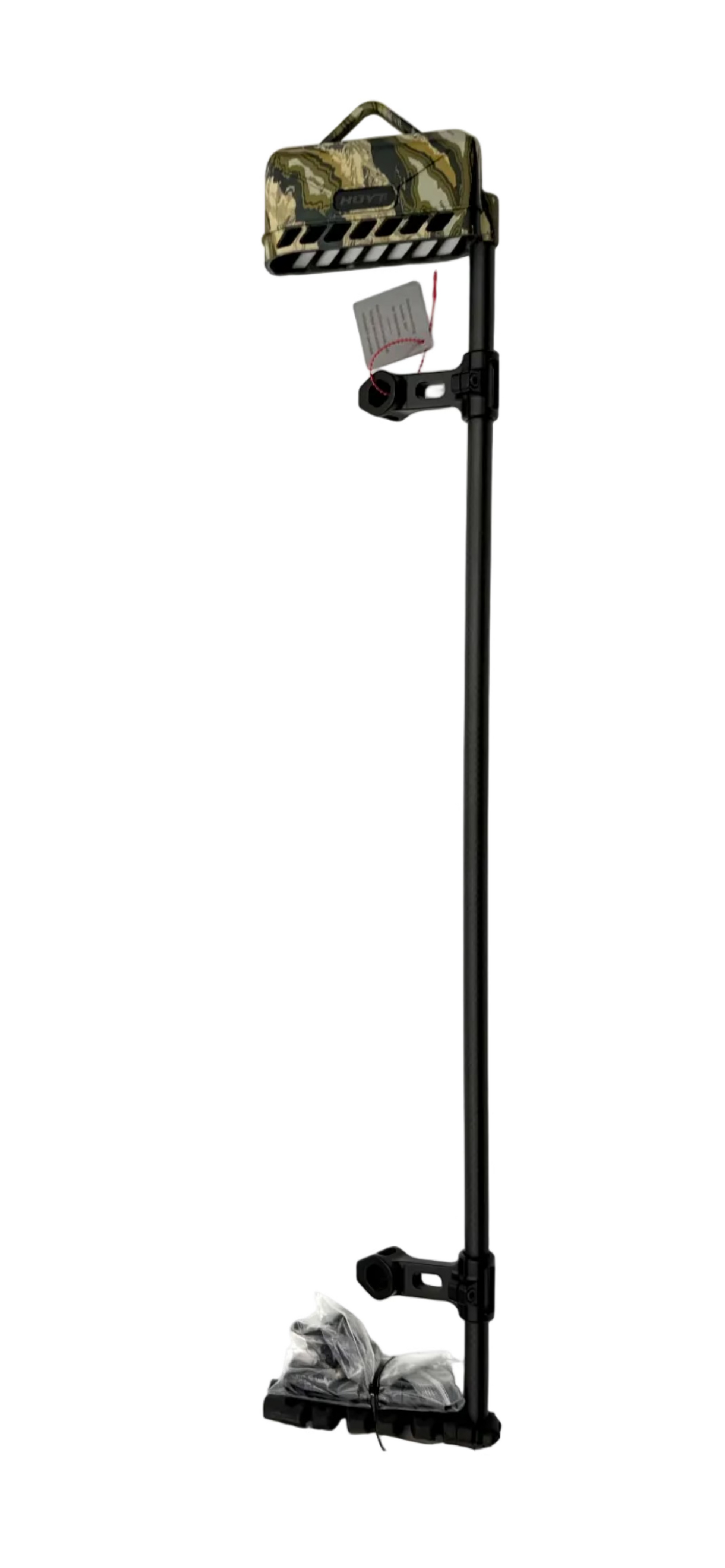 Hoyt Carbon Superlite Stretch Quick Detach 6-arrow quiver with black and gray design, mounted on a bow for archery use.