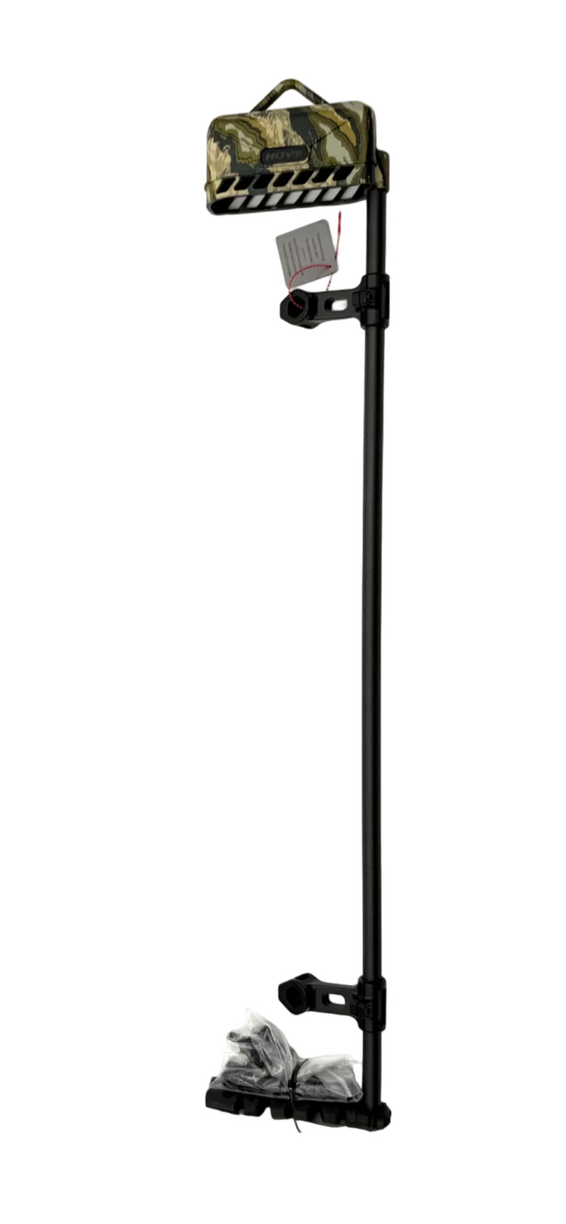Hoyt Carbon Superlite Stretch Quick Detach 6-arrow quiver with black and gray design, mounted on a bow for archery use.