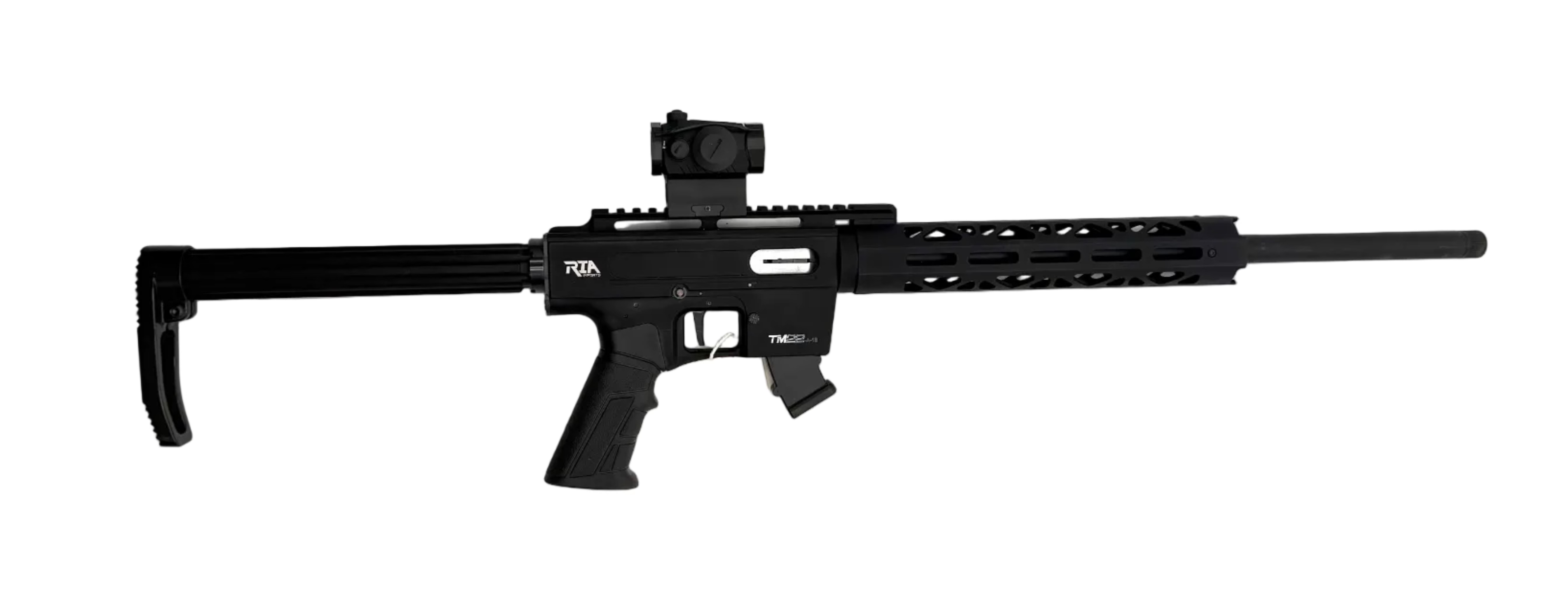 Semi-auto rifle by Rock Island, model Apintl TM22-A18, shown with black stock and metal barrel, ready for shooting.